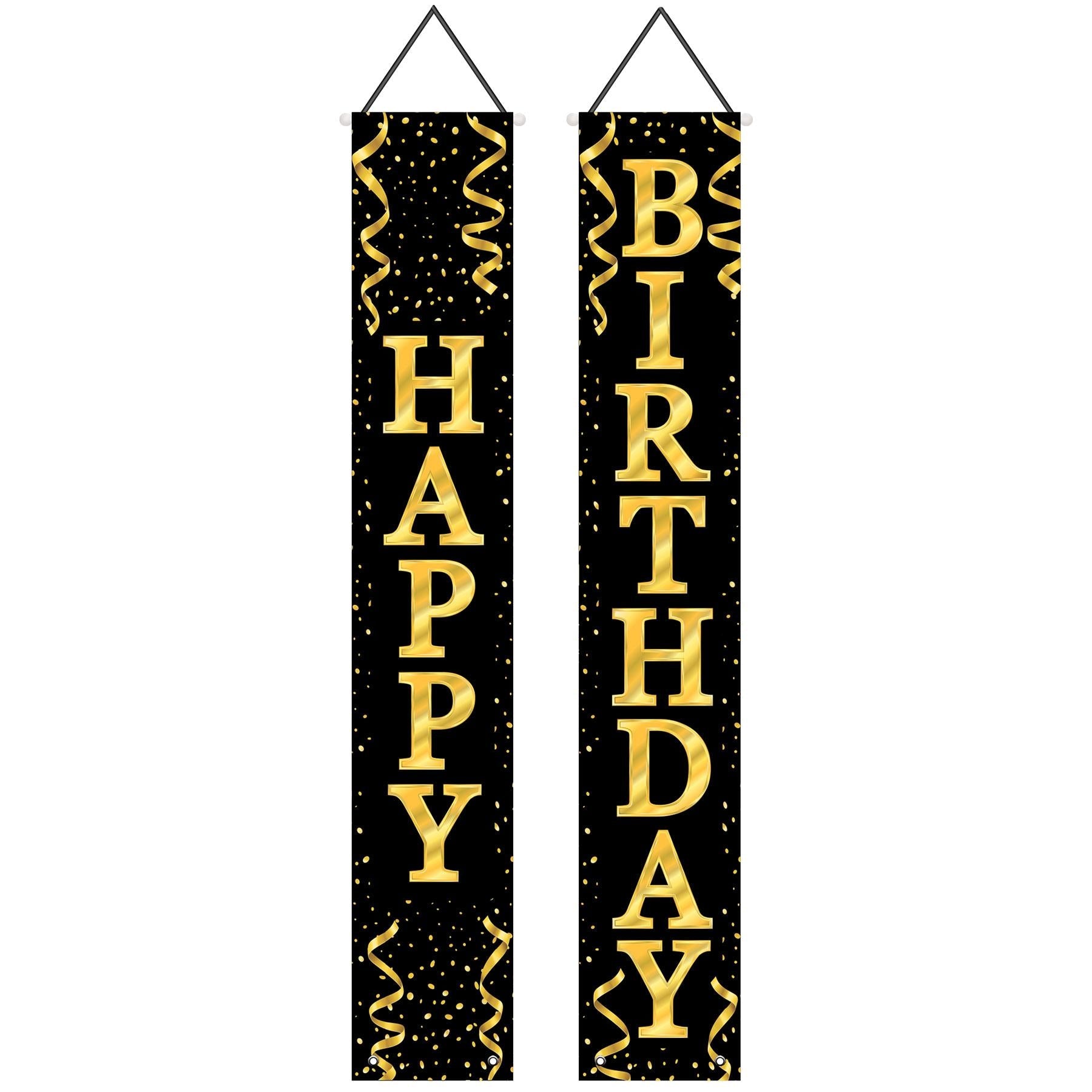 12 Pack Beistle Happy Birthday Party Fabric Door Panel Set - Black and Gold - Perfect for Birthday Decorations, Home Parties & Celebrations