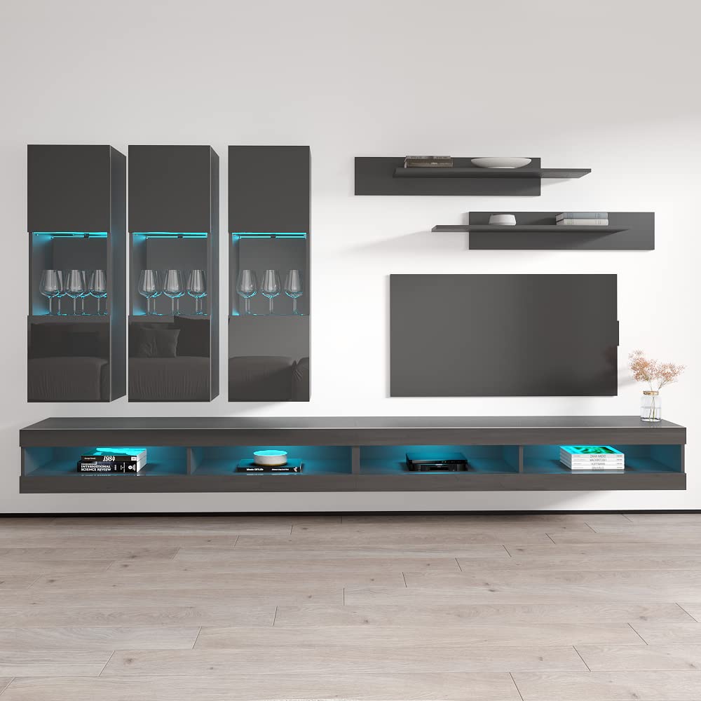 Modern Wall-Mounted TV Stand with Storage & LED Lights - Meble Fly E34 Entertainment Center Console for Living Room & Bedroom - Floating TV Shelf Unit with Adjustable Shelves (Gray) - Perfect for Small Spaces & Home Theater Setups