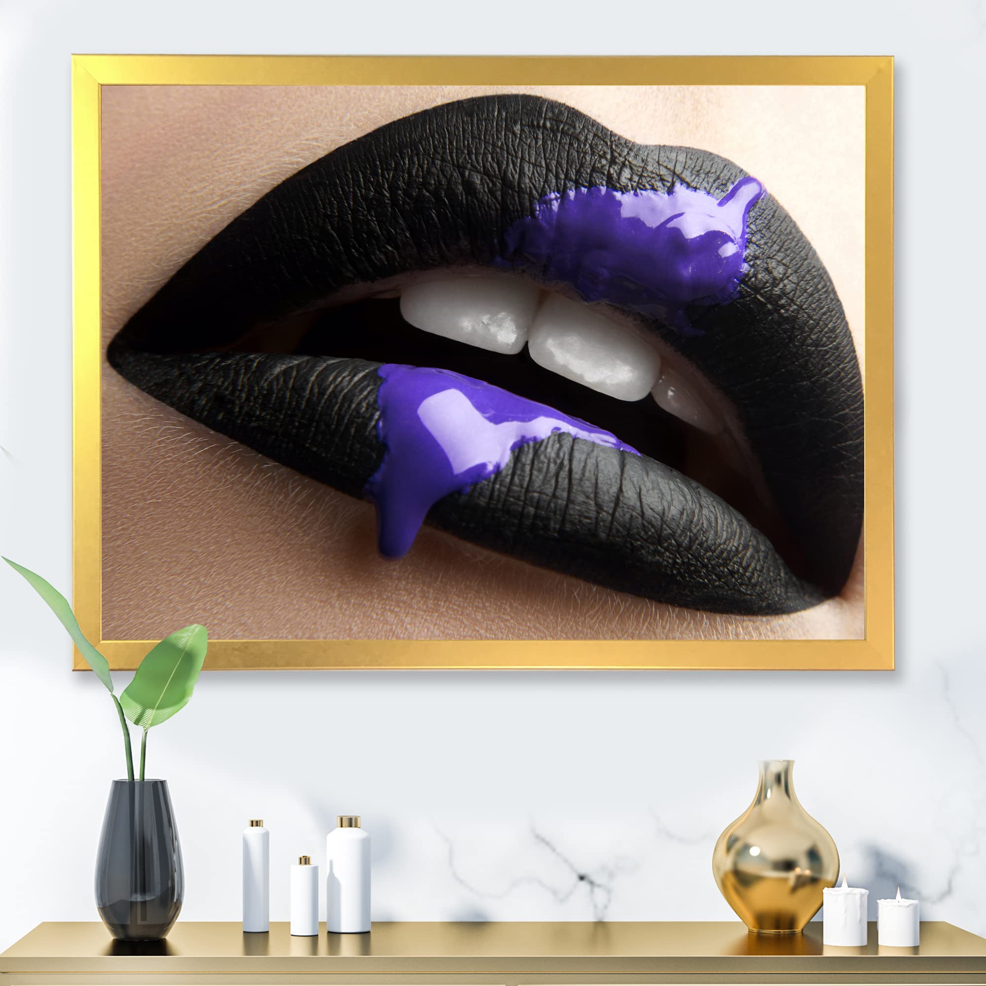 Modern Framed Wall Art - Black Lipstick & Purple Paint Female Lips Portrait for Living Room, Bedroom, or Office Decor
