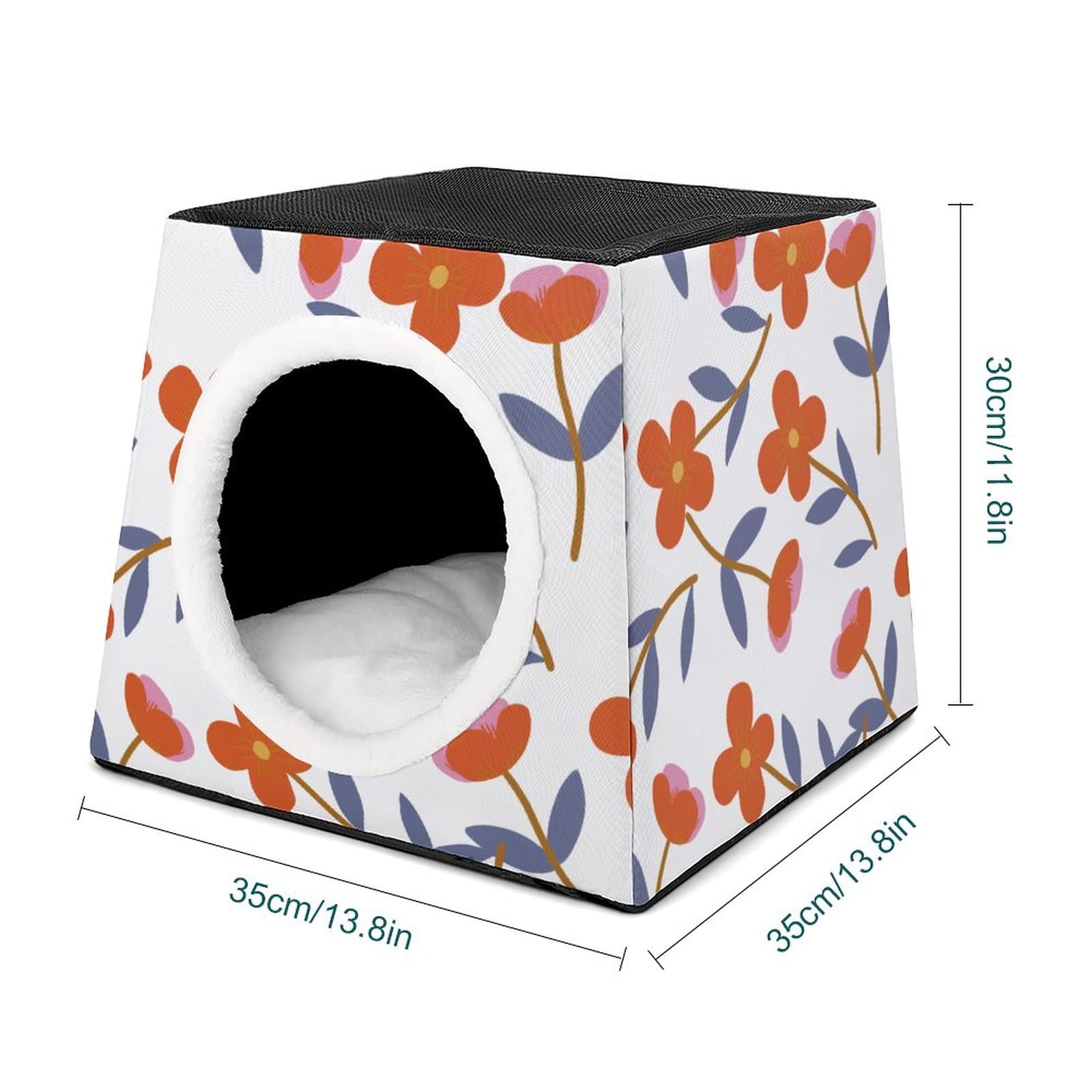 Printed Cat Cube Kitty House - Indoor Cat Bed & Small Dog Shelter, Warm & Cozy Pet Sofa with Red Flower Design | Perfect for Home Decor, Pet Nap Time & Cozy Winter Nights