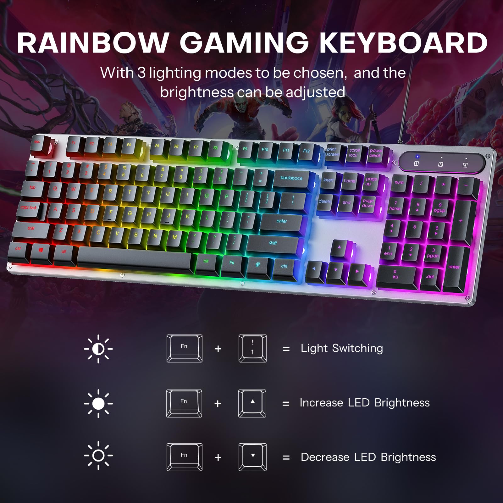 OMOTON Wired Gaming Keyboard - Full Size 104 Keys with 26 Anti-Ghosting, LED Backlit, 12 Multimedia Keys, Silent Membrane Keyboard for PC, Computer, Office, Gaming - Perfect for FPS, MMO, Typing & Work (Black)