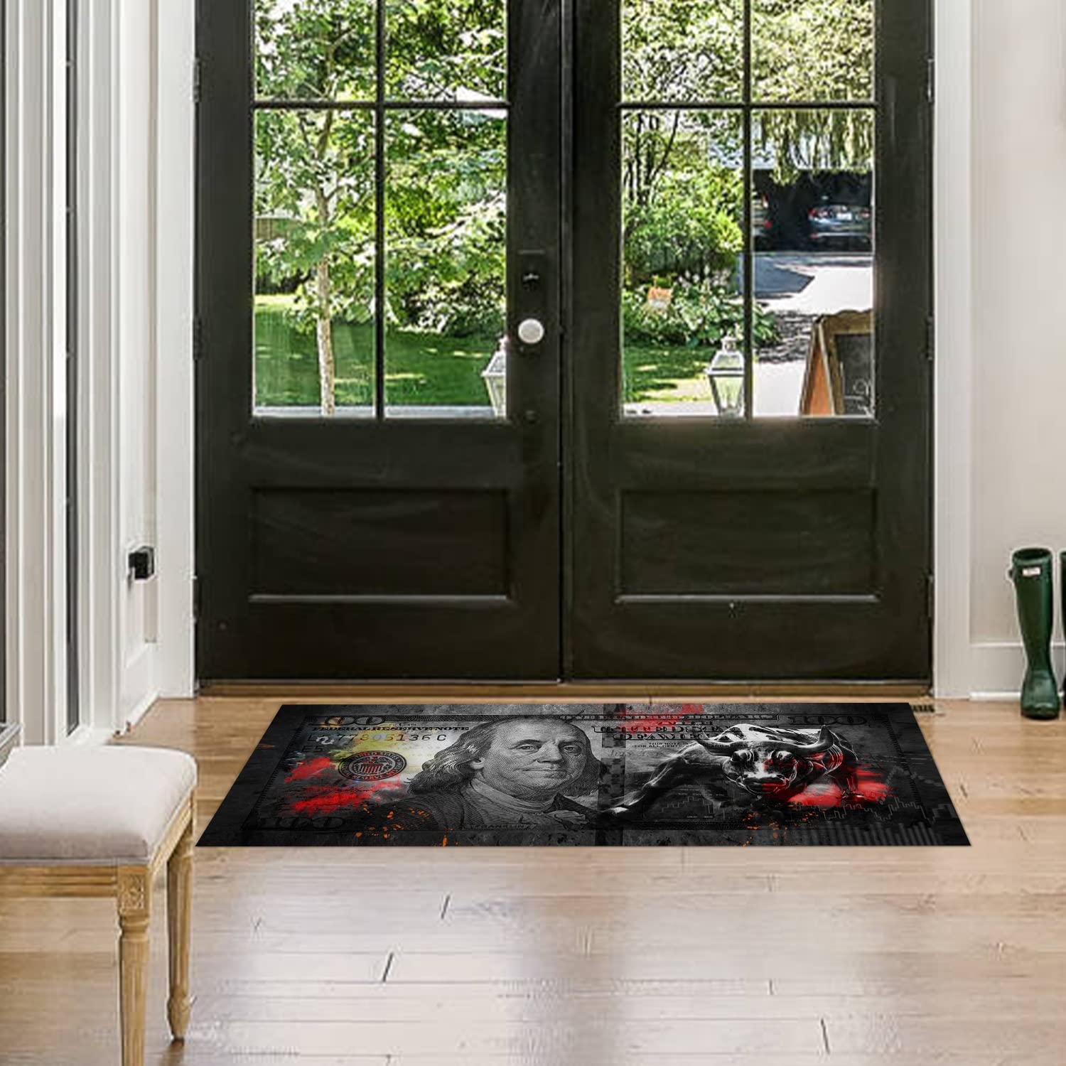 GUBIYU 100 Dollar Bill Printed Area Rug - Non-Slip Money Design Runner (23.6x59 Inches) Gray Wall Street Bull Charging Bull Bath Mat for Living Room, Bedroom & Home Office - Perfect for Modern Home Decor, Dorm Room Style & Unique Gift Ideas