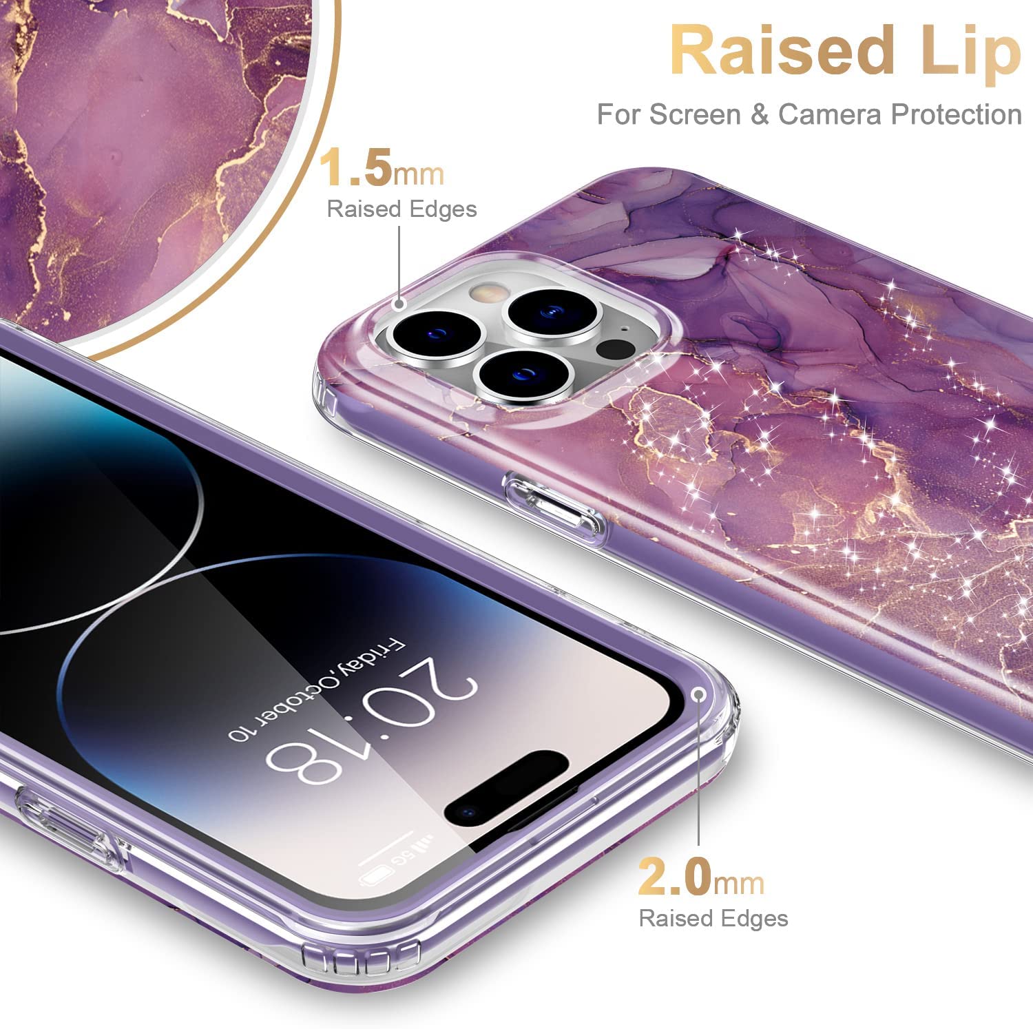 iPhone 14 Pro Case with Built-in Screen Protector - Military Grade Shockproof Cover, Purple Marble Design | Perfect for Outdoor Adventures & Daily Protection