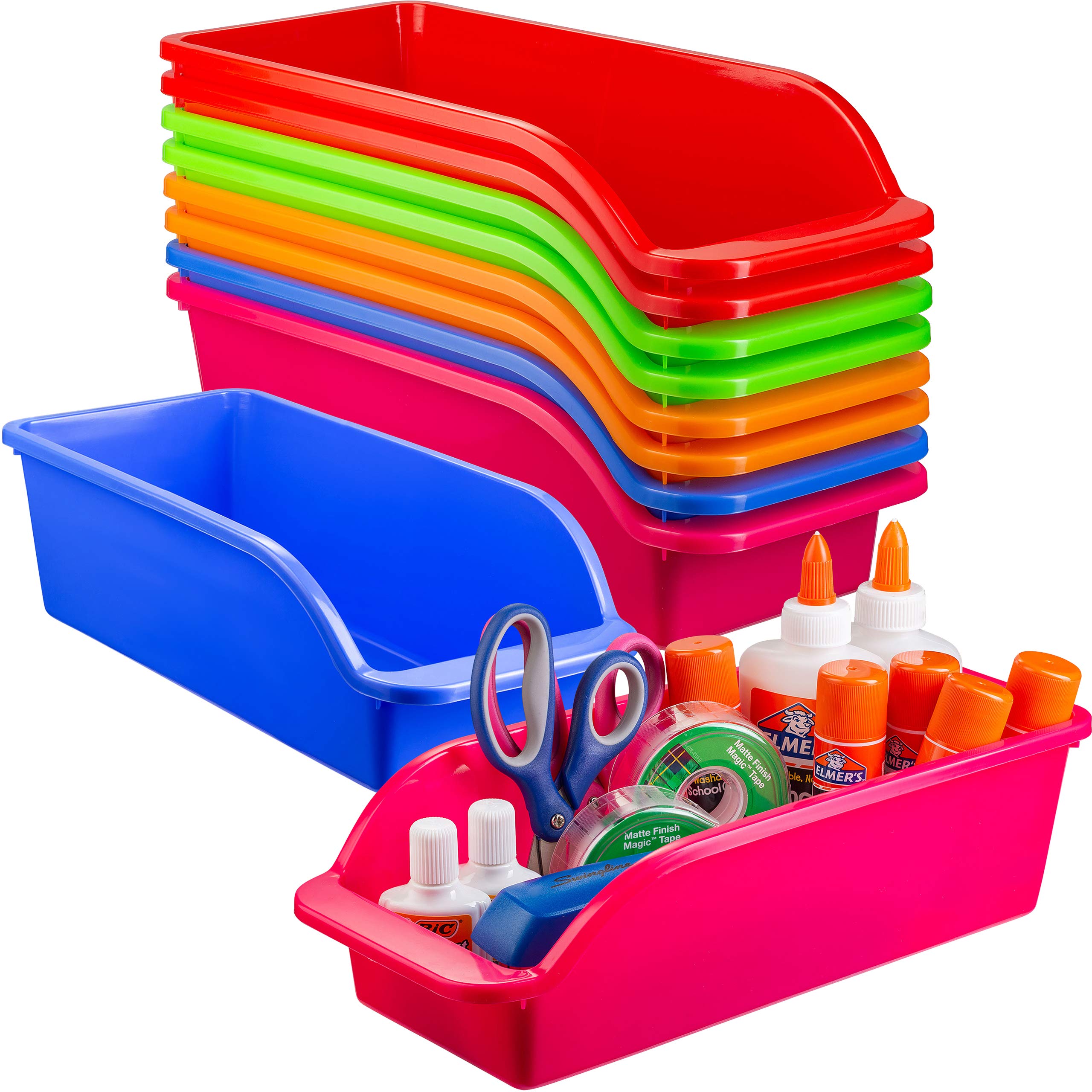 Zilpoo 10 Pack Plastic Shelf Bins - Colorful Storage Organizer Trays for Closet Shelves, Classroom Pencil & Crayon Caddy, Kids School Supplies | Perfect for Home, Office & Elementary Classroom Organization