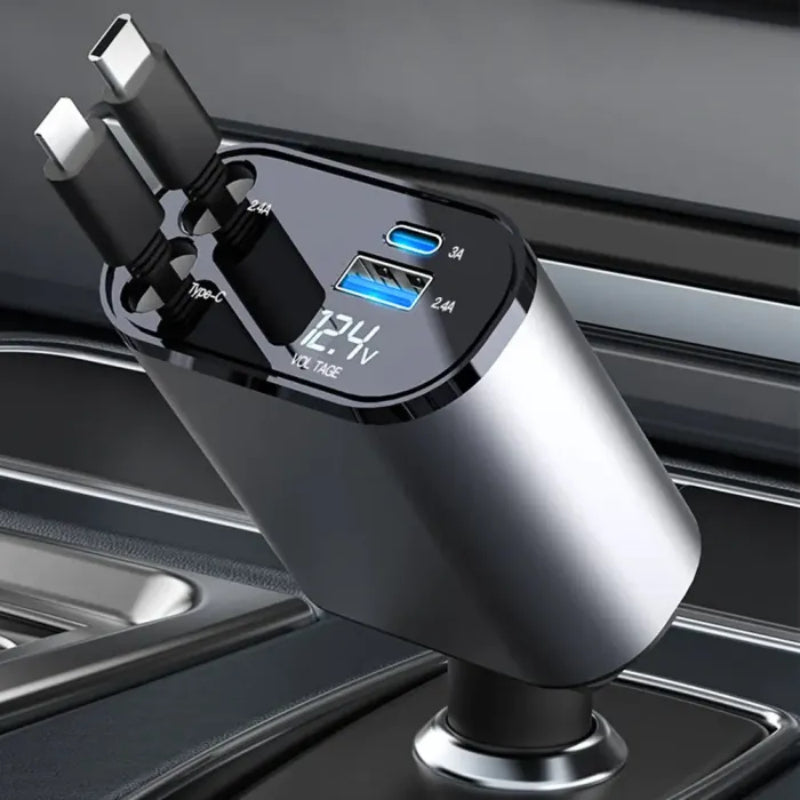 Fast Charging Retractable Car Phone Charger - 3 in 1 USB C/Lightning/Micro Cable for iPhone & Android - Perfect for Road Trips & Commuting