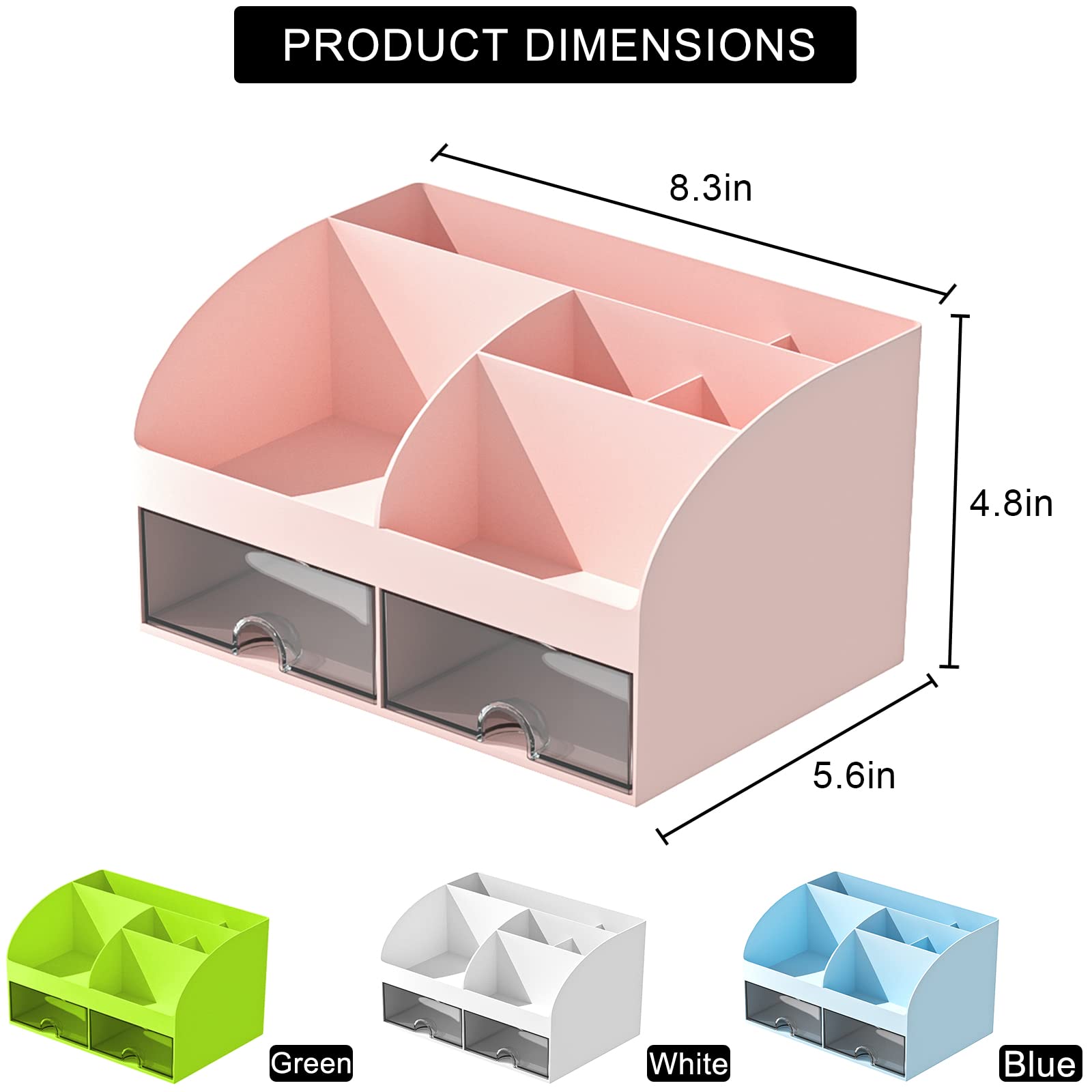 6-Compartment Plastic Desk Organizer with 2 Drawers - Pink Makeup & Pen Holder for School, Home & Office - Perfect for Desktop Storage & Organization (Ideal for Cosmetics, Stationery & Office Supplies)