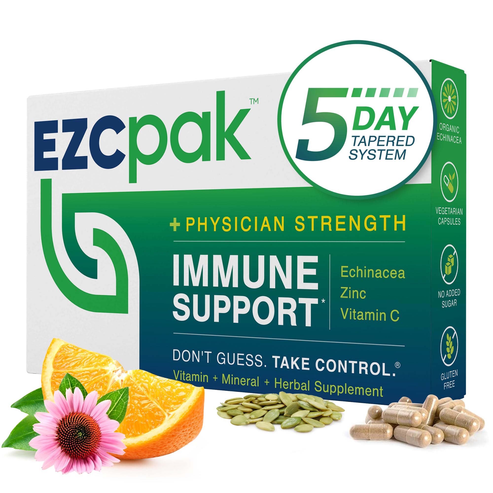 EZC Pak 5-Day Immune Booster Supplement with Echinacea, Zinc & Vitamin C - Powerful Immune System Support for Adults - Daily Immune Support Vitamins for Cold & Flu Season, Travel Wellness & Year-Round Protection