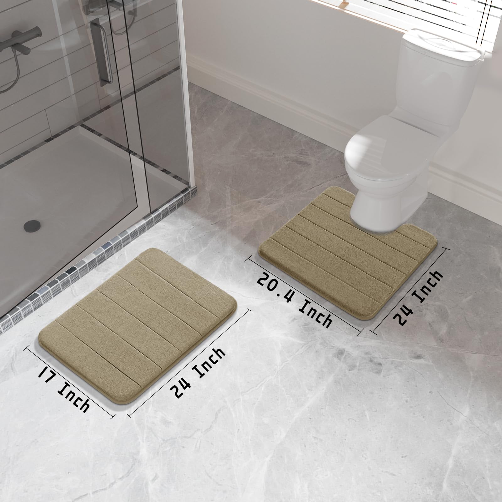 Yimobra 2-Piece Bathroom Rug Set - 24x17 Absorbent Memory Foam Bath Mat & 24x20 Non-Slip Toilet Rug, Machine Washable, U-Shaped Design in Pale Khaki - Perfect for Bathroom Safety and Comfort