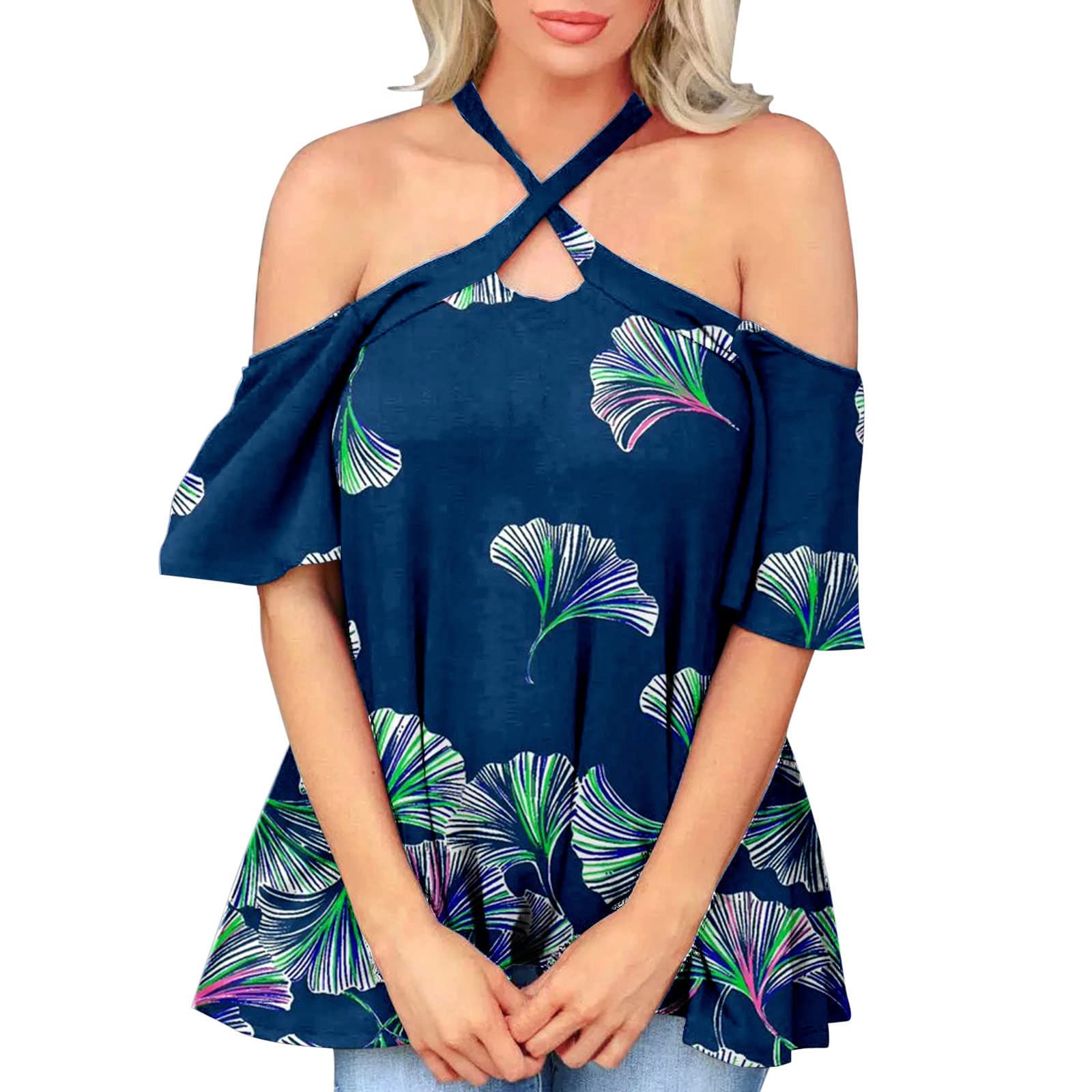 Women's Summer Sexy Cross Halter Neck Off Shoulder Short Sleeve Printed Tunic Top - Elegant Casual Blouse for Beach, Party & Vacation Outfits