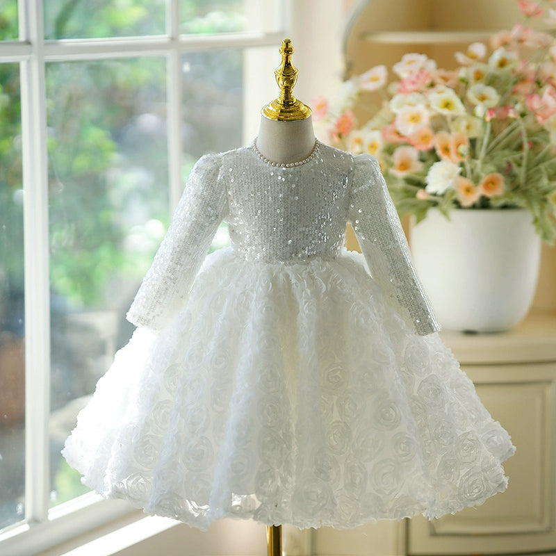 White Princess Jewel Neck Tea Length Polyester Flower Girl Dress for Weddings, Baptisms & Special Occasions