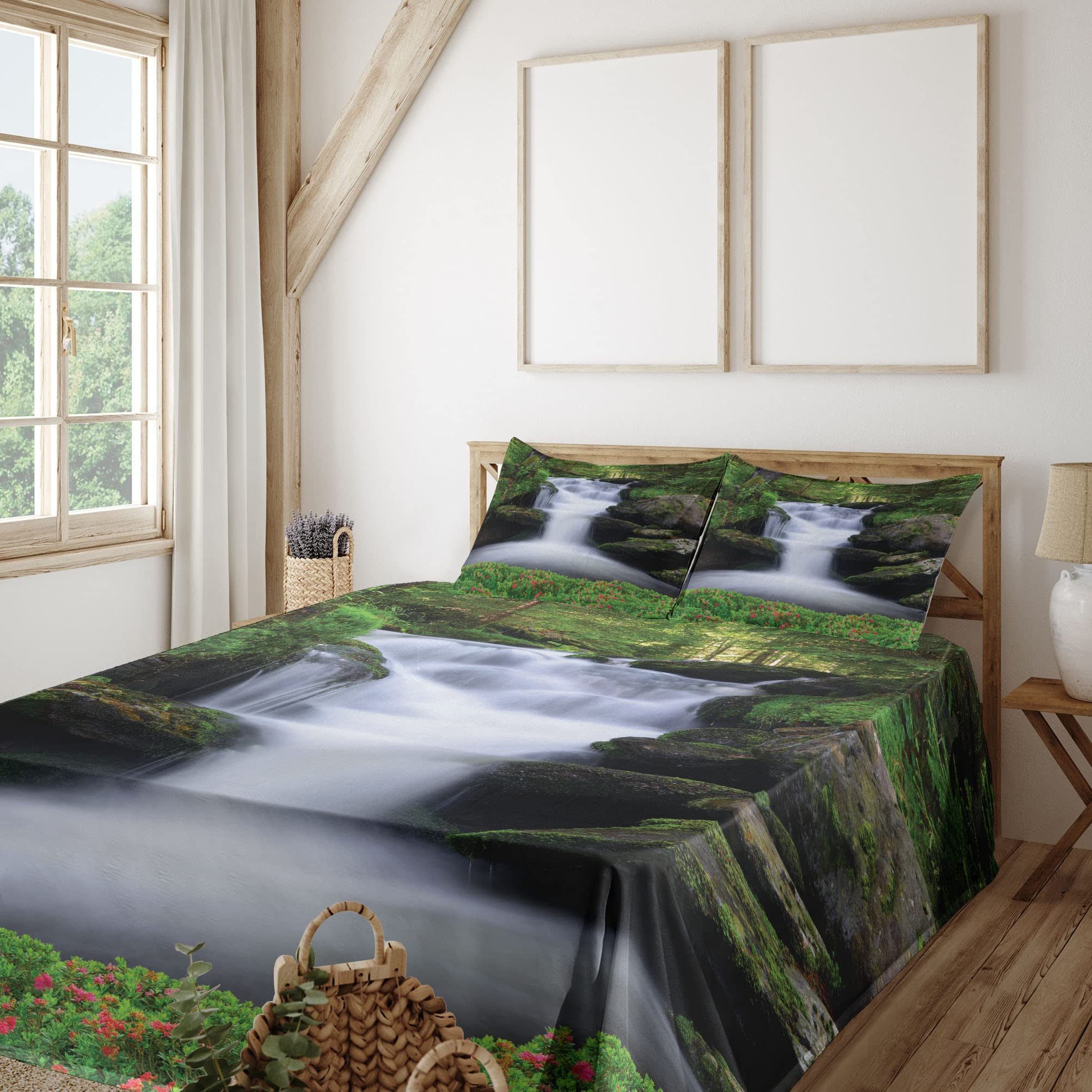 Ambesonne Waterfall King Size 4-Piece Sheet Set - Green & White Forest Floral Print, Fitted & Flat Sheets with Pillowcases | Nature-Inspired Bedroom Decor for Cozy Retreats & Spa-Like Relaxation