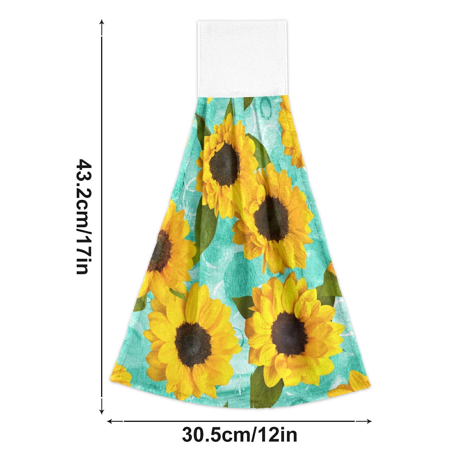 Spring Sunflowers Teal Kitchen Hand Towel 2 Pack - Soft Absorbent Microfiber Dish Towels with Hanging Loop for Kitchen, Bathroom & Stove - Yellow Floral Green Summer Decor
