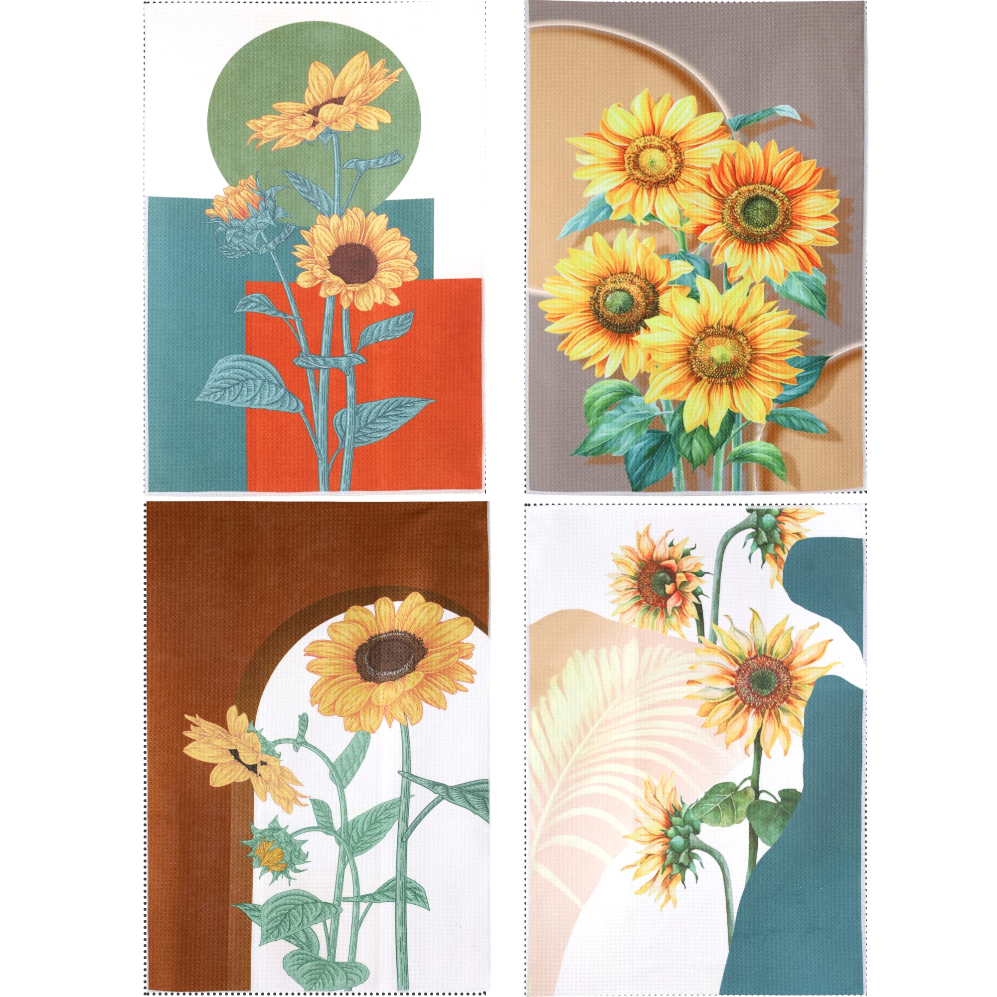 Rainleaf 4 Pack Absorbent Waffle Weave Kitchen Towels Set - Funny Saying Dishcloths, Decorative Hand Towels & Tea Towels for Cooking, Baking, Dish Drying - Sunflower Pattern Home Decor