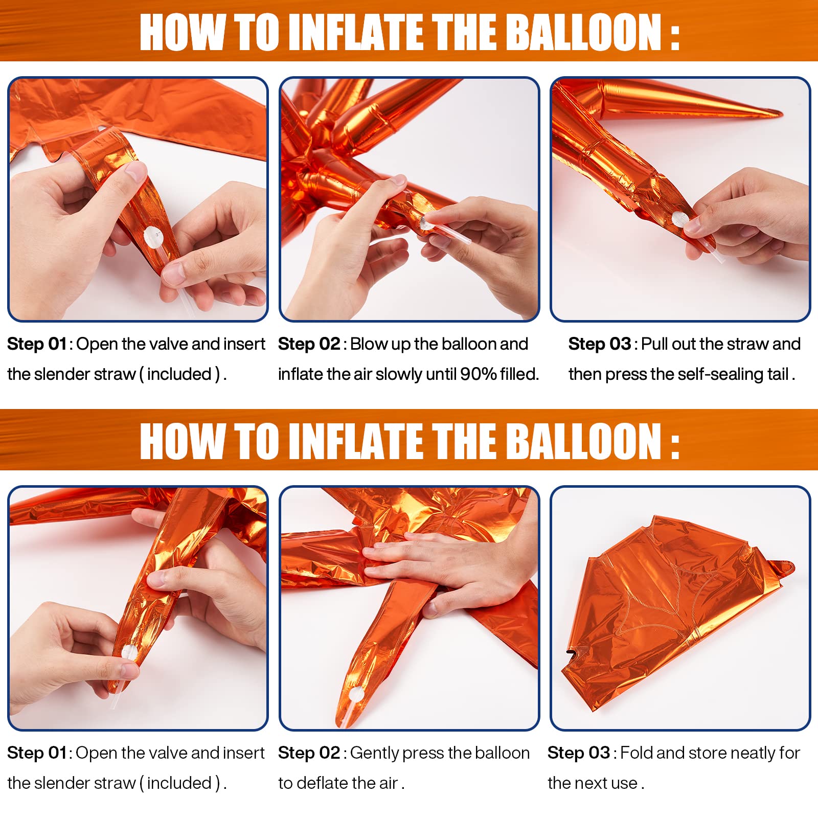 PartyWoo Orange Star Balloons 6 Pack - 14-Pointed Starburst Foil Balloons (22 & 27 Inch) with Ribbon - Large Mylar Star Balloons for Birthday Parties, Baby Showers, Graduation Decorations & Special Events
