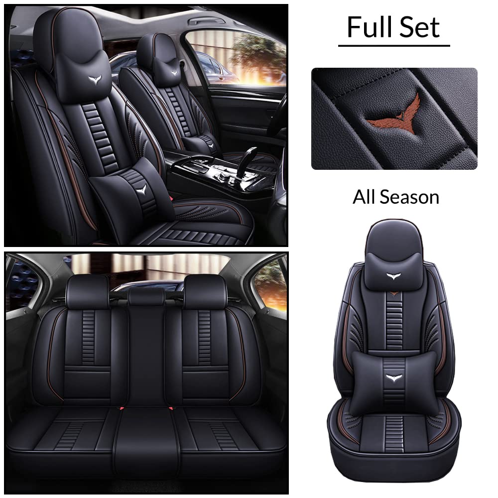 Universal Fit PU Leather Car Seat Covers Full Set for 2016 Chevy Cruze Limited - Black & Coffee Brown Auto Interior with Headrest & Lumbar Support Pillow | Durable Protection for Commuting, Road Trips & Family Travel