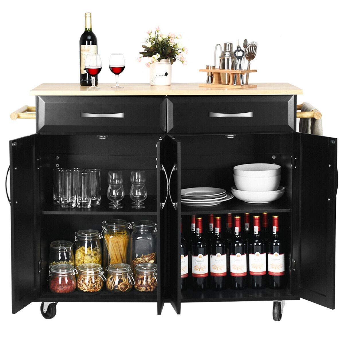 **Black Kitchen Trolley Island Utility Cart with 2 Drawers & 2 Cabinets - Rolling Storage Cabinet with Towel Racks & Rubber Wood Top - Perfect for Pantry, Silverware, Utensils, Stemware & Dishware Organization - Ideal for Small Kitchens, Apartments & Dining Areas**