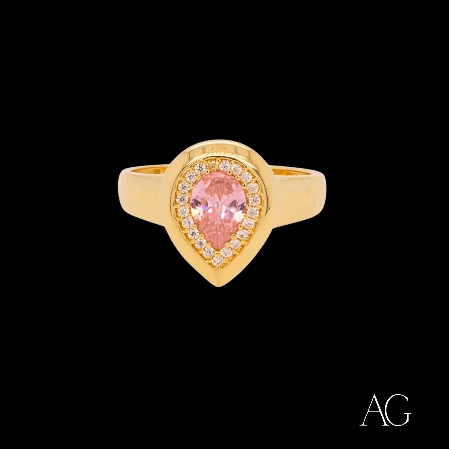 18K Gold Pear Ring with Pink & White CZ Stones - Elegant Jewelry for Weddings, Parties & Special Occasions