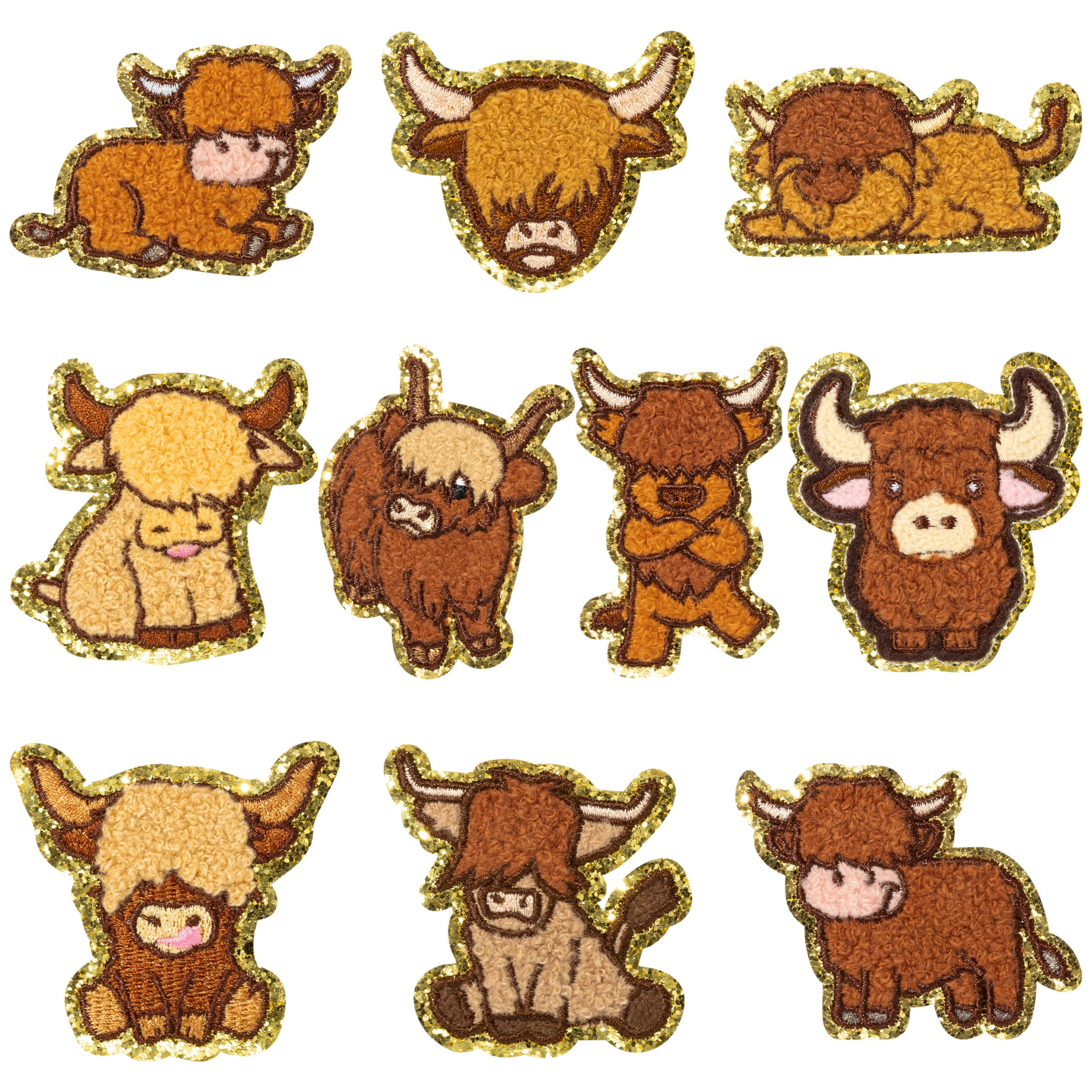 10Pcs Highland Cow Chenille Iron-On Patches for Kids - Cartoon Animal Knee Repair Patches, DIY Embroidered Applique for Backpack, Clothes, Dress, Pants & Hats - Fun & Durable Fabric Accessories for School, Play & Outdoor Activities