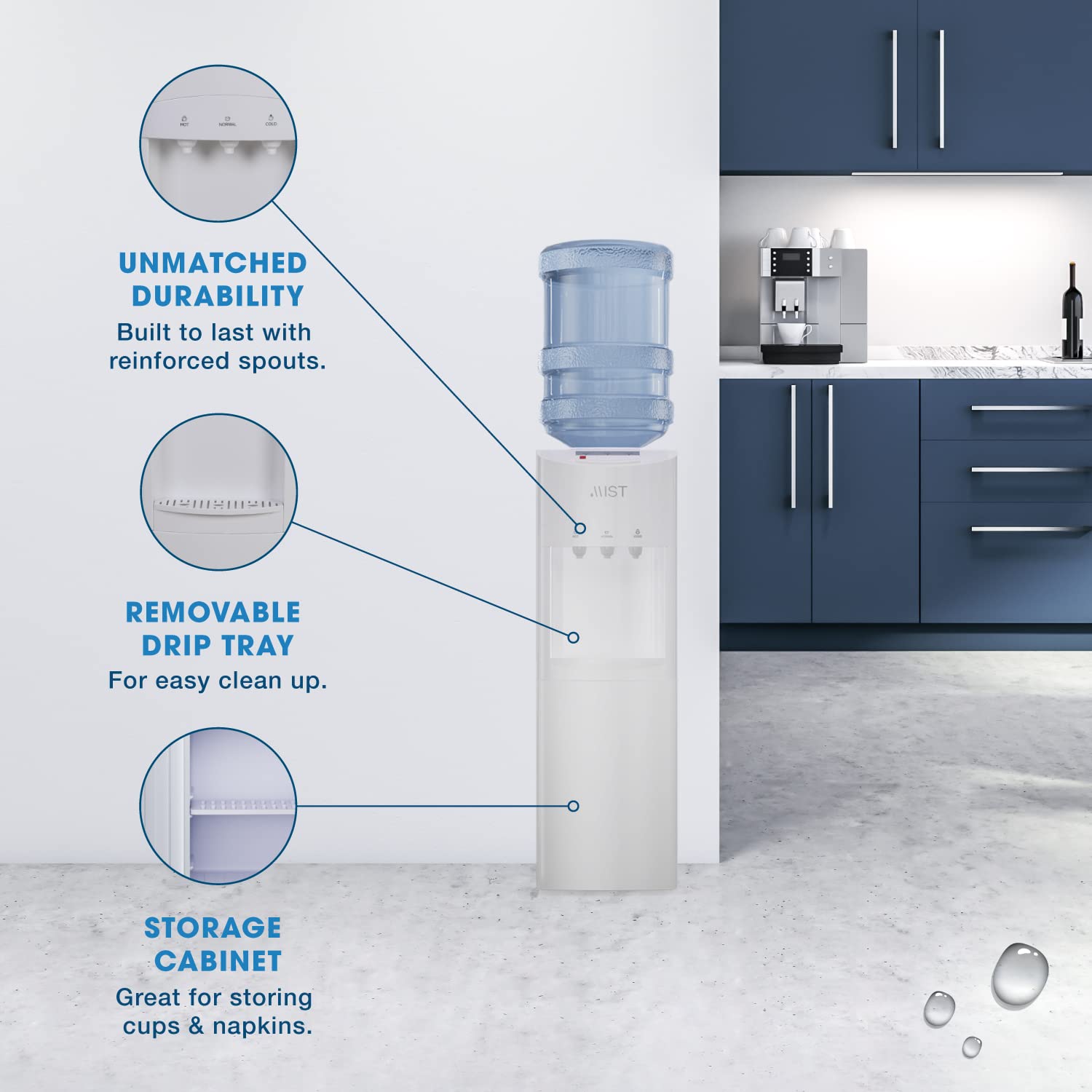 Energy Star Certified White Top Loading Water Cooler Dispenser - Hot, Cold & Room Temperature Water with Child Safety Lock, Holds 3 or 5 Gallon Bottles - Perfect for Home, Office, Kitchen & Breakroom Use