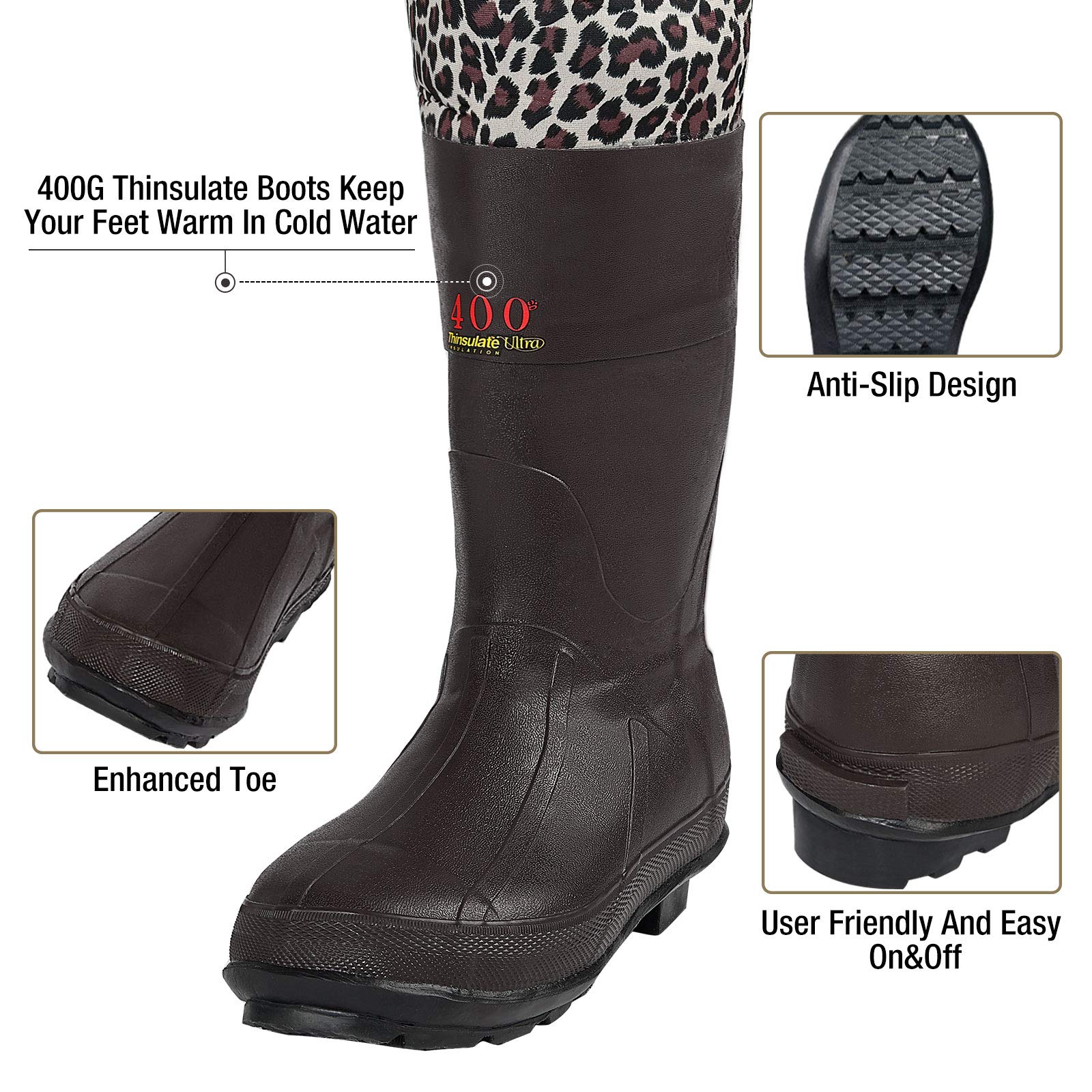 HISEA Women's Neoprene Chest Waders with Boots - Waterproof Hunting & Fishing Waders for Women, Camo Leopard Print - Ideal for Duck Hunting, Fly Fishing & Outdoor Adventures