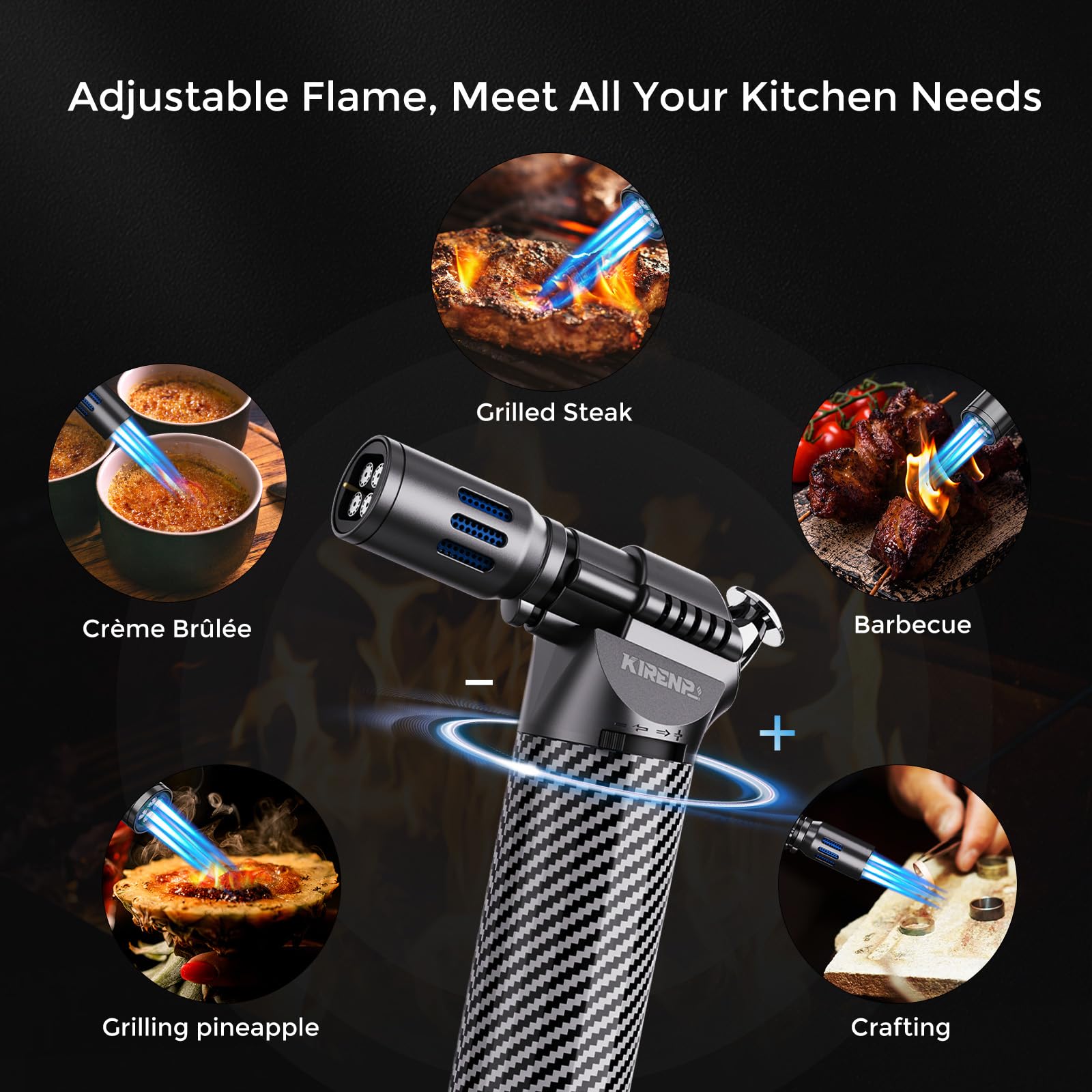 Refillable Butane Torch Lighter with Adjustable Flame & Continuous Lock - Windproof Blow Torch for Kitchen Cooking, BBQ, Creme Brulee, Baking, Camping & Outdoor Use - Perfect Chef Tool & Gift Idea for Home Cooks & Culinary Enthusiasts