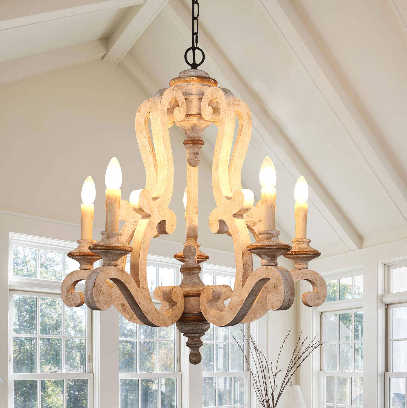 5-Light Farmhouse Chandelier - Distressed White Wood Ceiling Light Fixture for Dining Room, Kitchen, Living Room, Bedroom, Entryway & Staircase | Rustic Home Decor Lighting for Country House, Cottage & Farmhouse Style Interiors