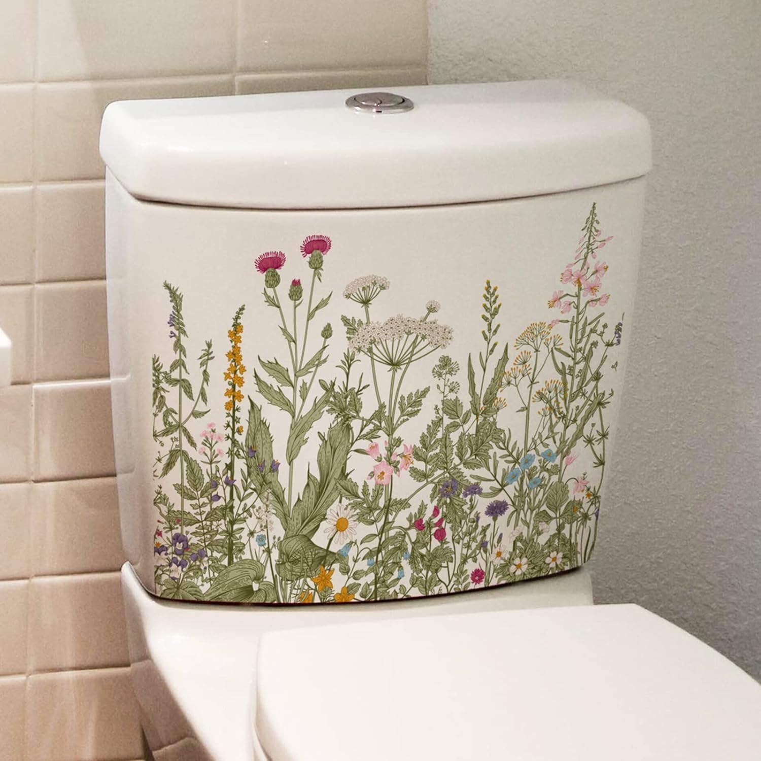 Colorful Floral Toilet Seat Stickers - Self-Adhesive Bathroom Wall Decals with Green Leaves Design | Waterproof Removable DIY Stickers for Toilet Tank & Cistern Decor | Perfect for Home, Apartment, and Office Bathroom Makeover