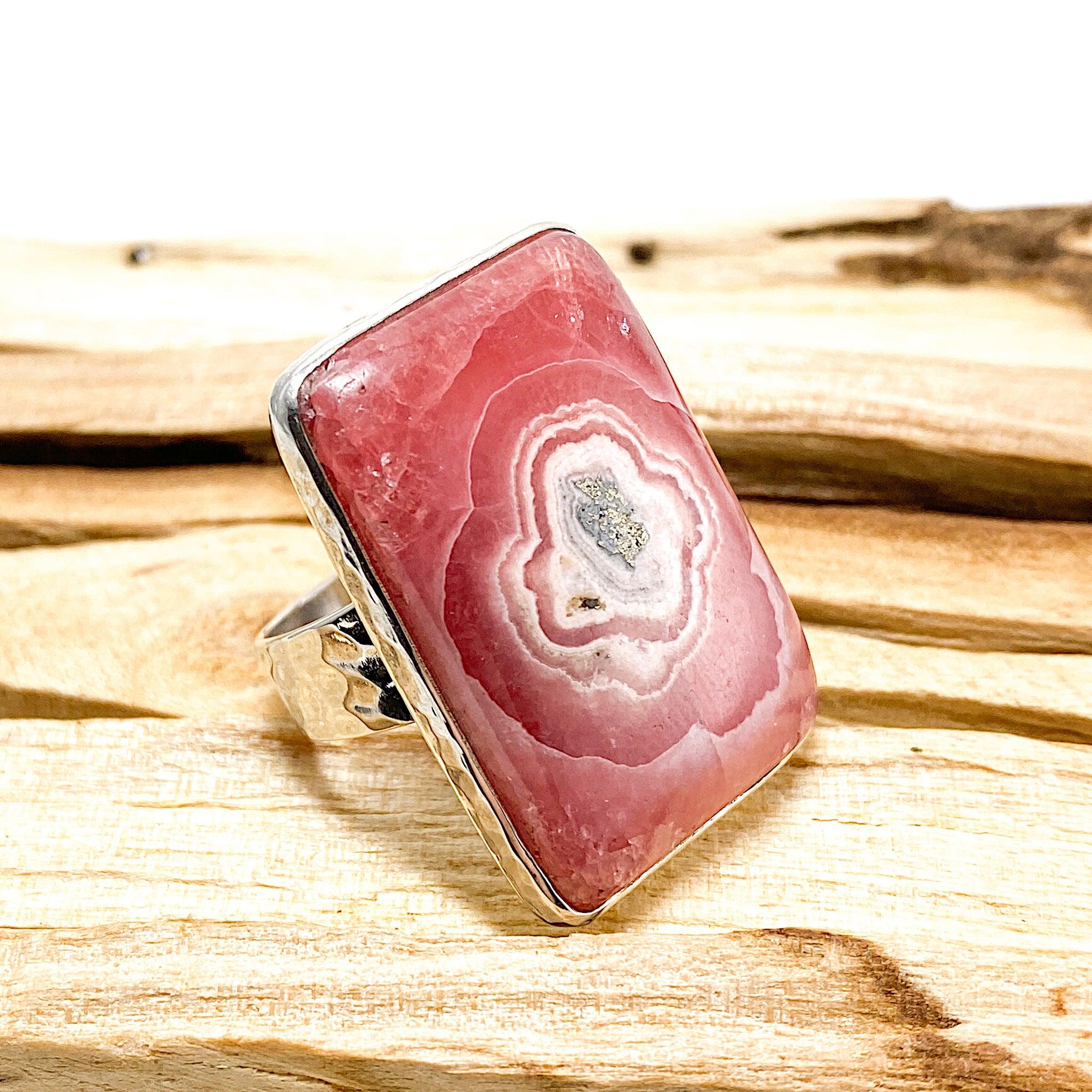 Rhodochrosite Rectangular Cabochon Ring with Beaten Band - Size 11 (KRGJ1226) - Perfect for Boho Jewelry & Gift Giving