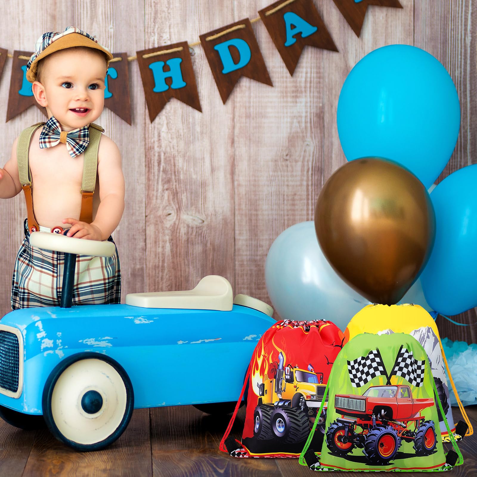 Tondiamo 16-Pack Racing Truck Drawstring Gift Bags - Kids Birthday Party Decorations, Candy Treat Bags for Themed Parties, Baby Showers & School Events