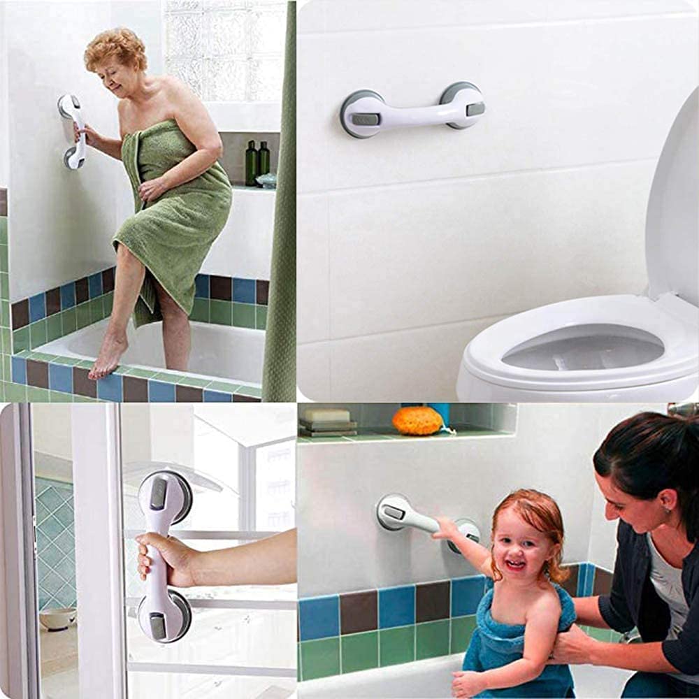 2 Pack Strong Suction Cup Grab Bar for Shower, Toilet & Bathroom - Non-Slip Armrest Handle with Dual Locking for Tiles, Glass, Hard Plastic & Cabinets - Light Gray (Ideal for Elderly, Disabled & Safety Support)