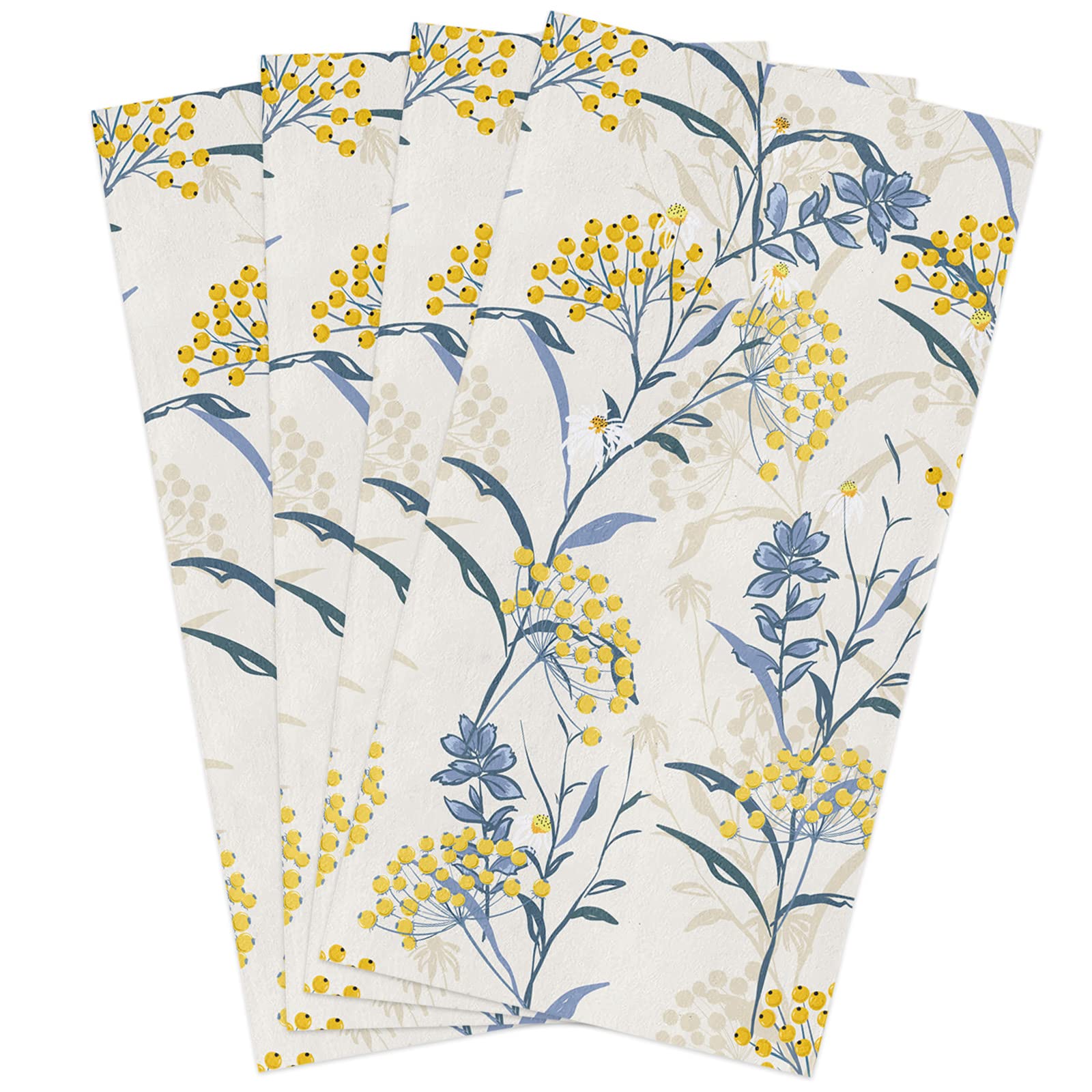 Vintage Floral Cotton Kitchen Towels Set of 4 - 16x28 Inch Soft Absorbent Dish Cloths, Tea Towels & Hand Towels in Yellow Blue Summer Flower Pattern - Perfect for Cooking, Baking, Dish Drying & Home Decor