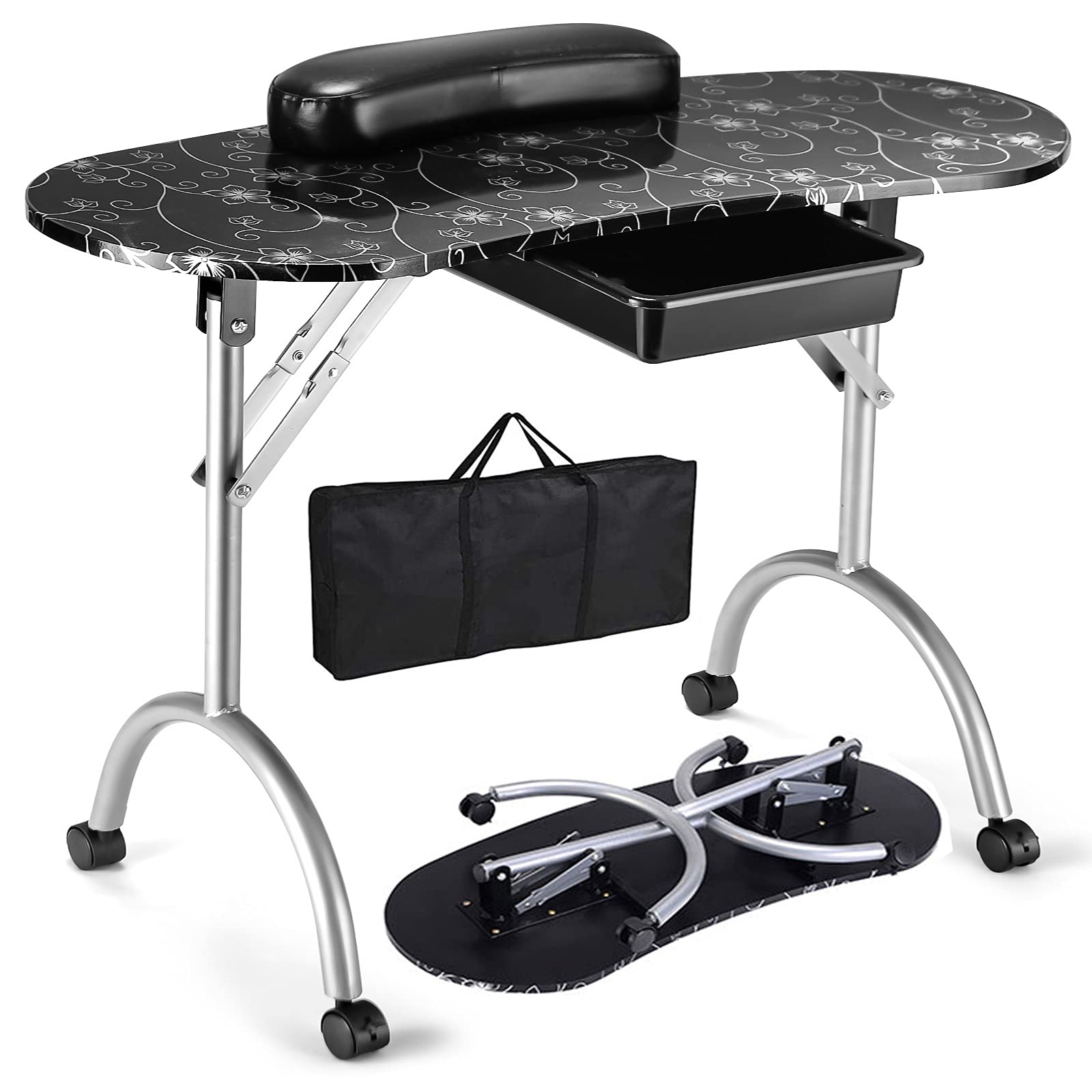 Giantex Portable Foldable Nail Tech Table with Large Drawer, Wrist Rest & 4 Lockable Casters - Professional Manicure Station for Salon Technicians (Black) | Includes Carrying Bag - Perfect for Home & Professional Nail Salons, Mobile Nail Services & Beauty Studios