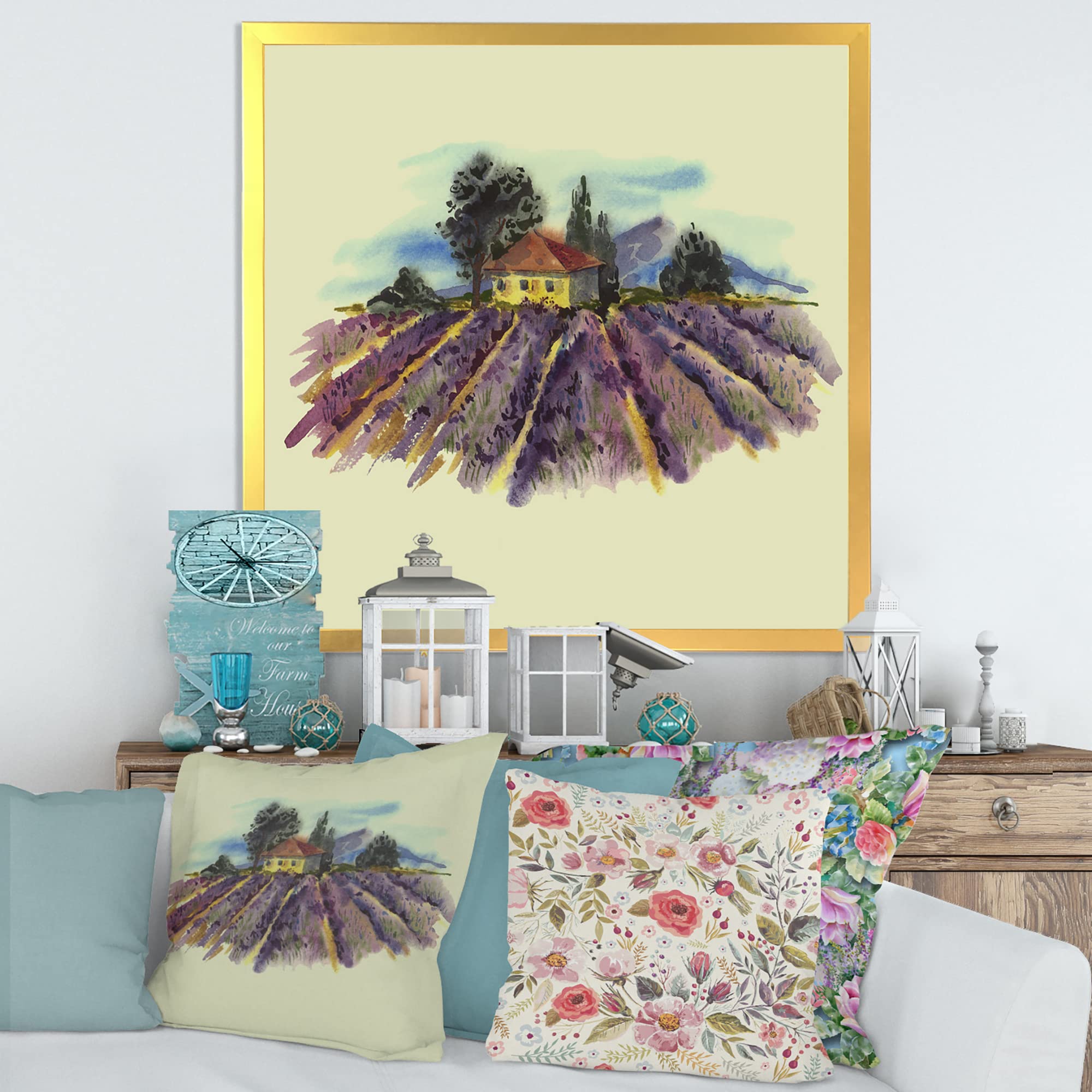 DesignQ Blooming Lavender Landscape Traditional Framed Wall Art - Perfect for Living Room, Bedroom & Office Decor