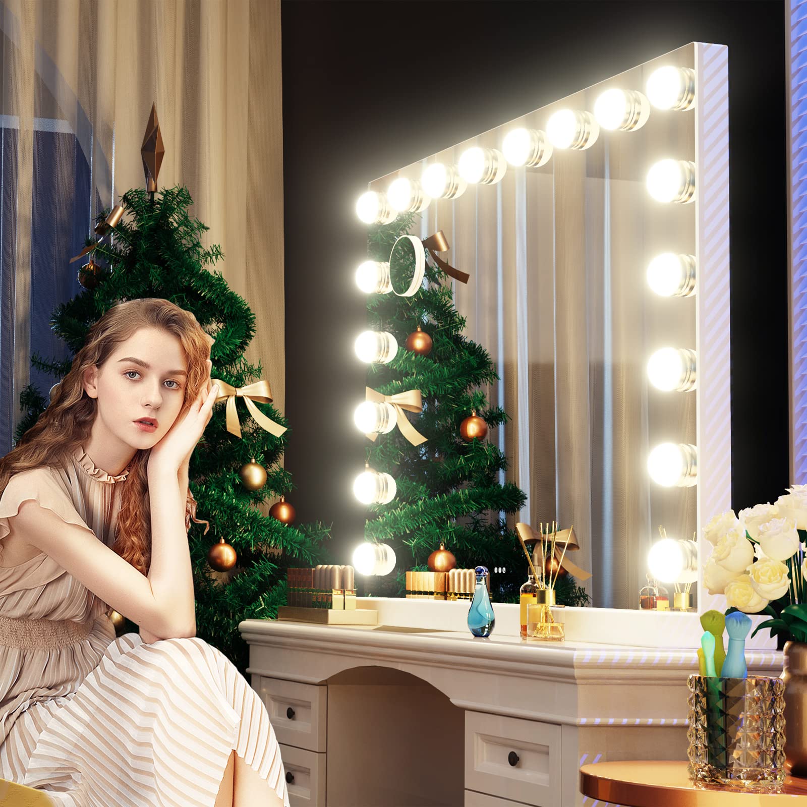 Hollywood Vanity Mirror with Lights - 32 x 24 Inch Tabletop Makeup Mirror with 18 Dimmable LED Bulbs, 3 Color Modes, Touch Control & Metal Frame - Perfect for Dressing Room, Bathroom & Professional Makeup Studio
