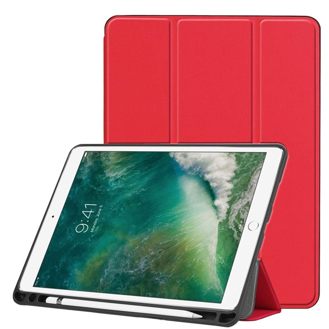 Dmtrab Leather Case for iPad Pro 10.5 inch & iPad Air (2019) - Horizontal Flip Design with Three-Folding Stand & Apple Pencil Slot - Premium Protective Cover (Black/Red) - Perfect for Work, Travel, and Home Use