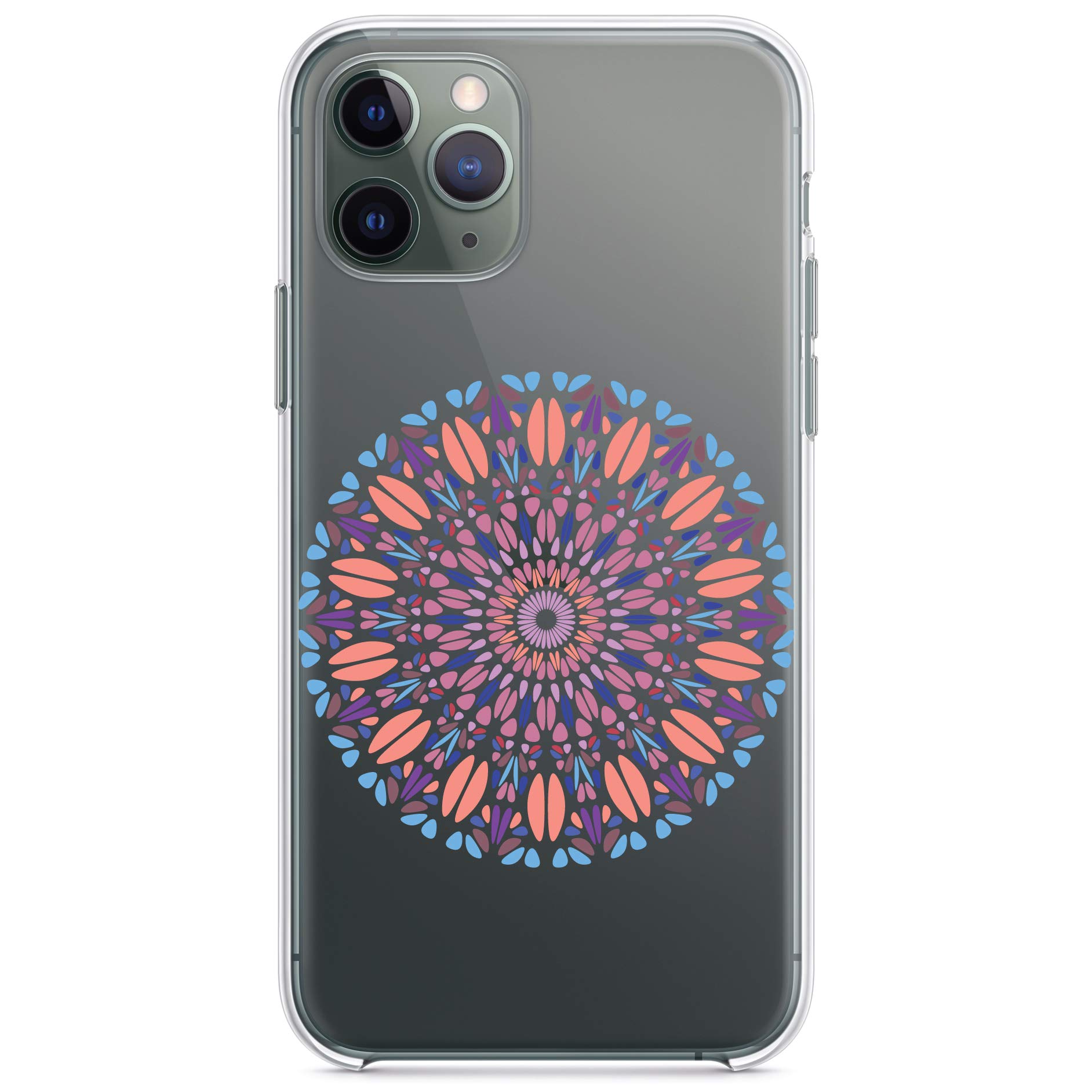 DistinctInk Clear Shockproof Hybrid Case for iPhone 13 Pro MAX (6.7 Inch) - Durable TPU Bumper & Acrylic Back with Tempered Glass Screen Protector - Modern Mandala Design in Blue Peach Purple - Perfect for Daily Protection & Style Enhancement