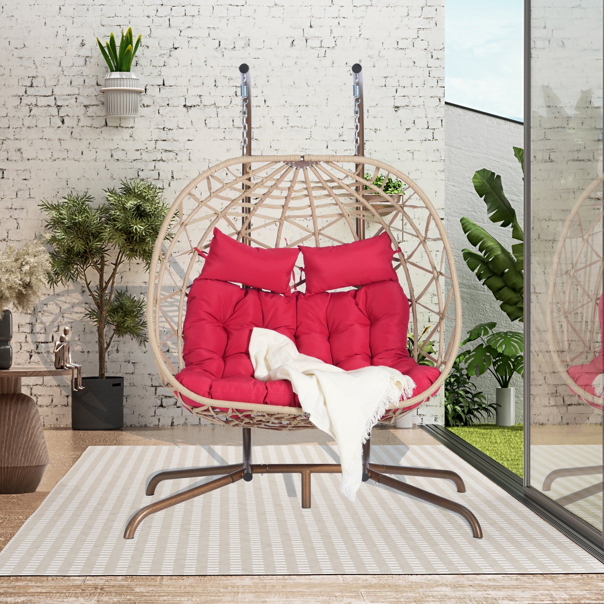 Double Egg Chair with Stand - Indoor/Outdoor Hanging Wicker Rattan Swing Chair with UV-Resistant Cushions (600 lbs Capacity) - Perfect for Bedroom, Balcony, Patio & Garden Relaxation