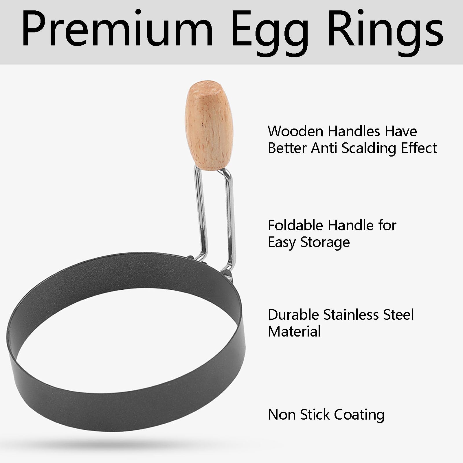 4Pcs Stainless Steel Egg Rings with Wooden Handle - 3.5 Inch Nonstick Fried Egg Cooker Mold for Perfect Round Eggs - Includes Oil Brush - Ideal for Breakfast Sandwiches, English Muffins & Pancakes - Great for Home Cooking, Camping & Brunch Preparation