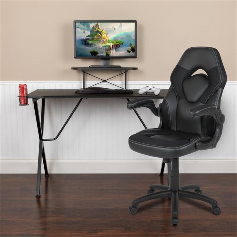 BOWERY HILL 2-Piece Black Gaming Desk Set with Monitor Stand - Perfect for PC Gaming Setup, Home Office & Streaming Station
