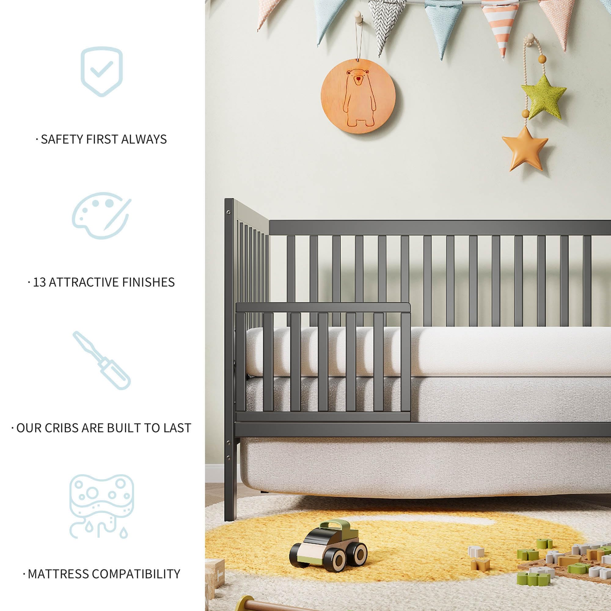 5-in-1 Convertible Baby Crib - Mini Crib to Toddler Bed for Small Spaces (Gray)