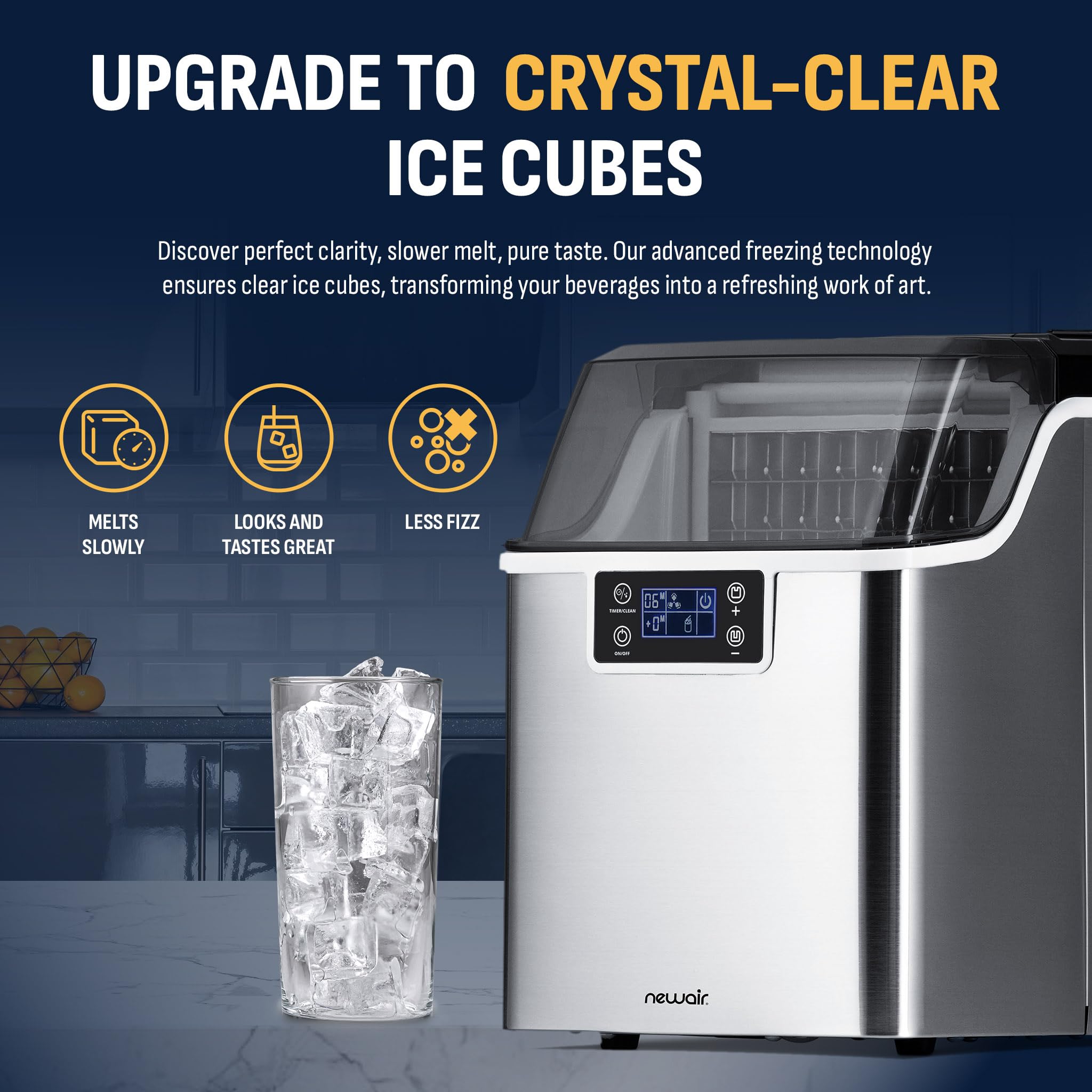 Newair 45lbs/Day Countertop Clear Ice Maker with Self-Cleaning & Adjustable Ice Thickness - Portable Ice Cube Machine with 24H Timer - Perfect for Home, Office, RV, Outdoor Bar & Parties - Stainless Steel Design