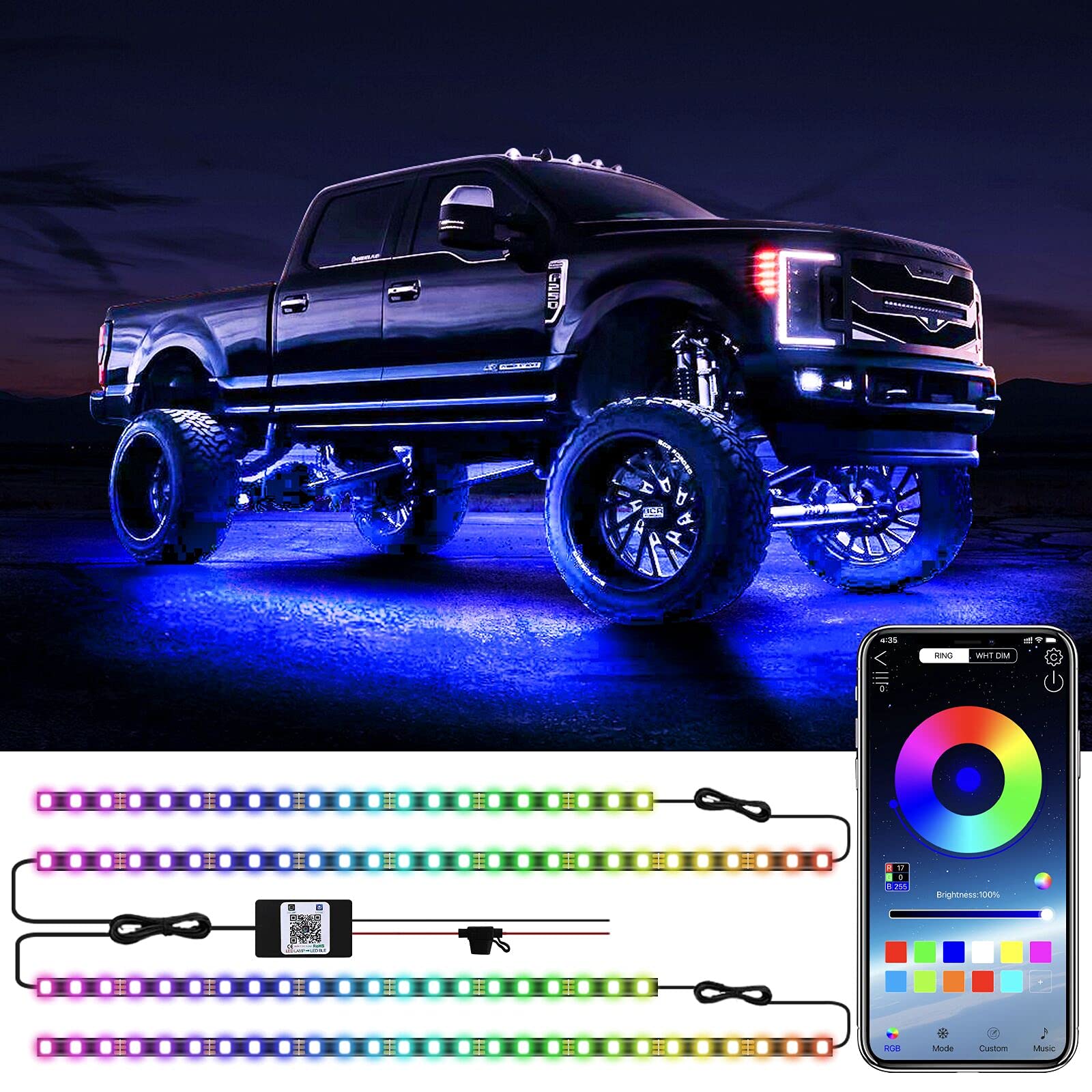 WILLED RGB Car Underglow Lights Kit with Bluetooth APP Control - 16 Million DIY Colors, Music Sync, Waterproof LED Lights for Cars, Trucks & SUVs (12V DC) - Perfect for Night Driving, Car Shows & Custom Vehicle Lighting