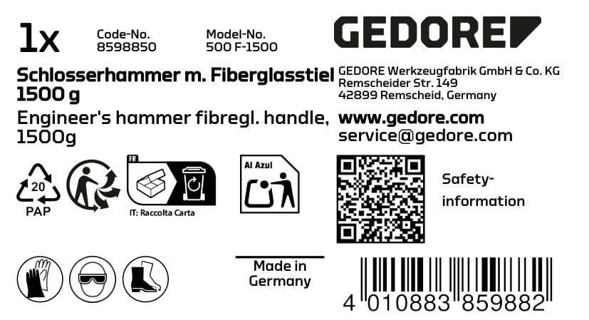 GEDORE 8598850 1500g Engineers' Hammer - Heavy Duty Forging & Metalworking Tool - Perfect for Blacksmithing, Construction & Automotive Repair