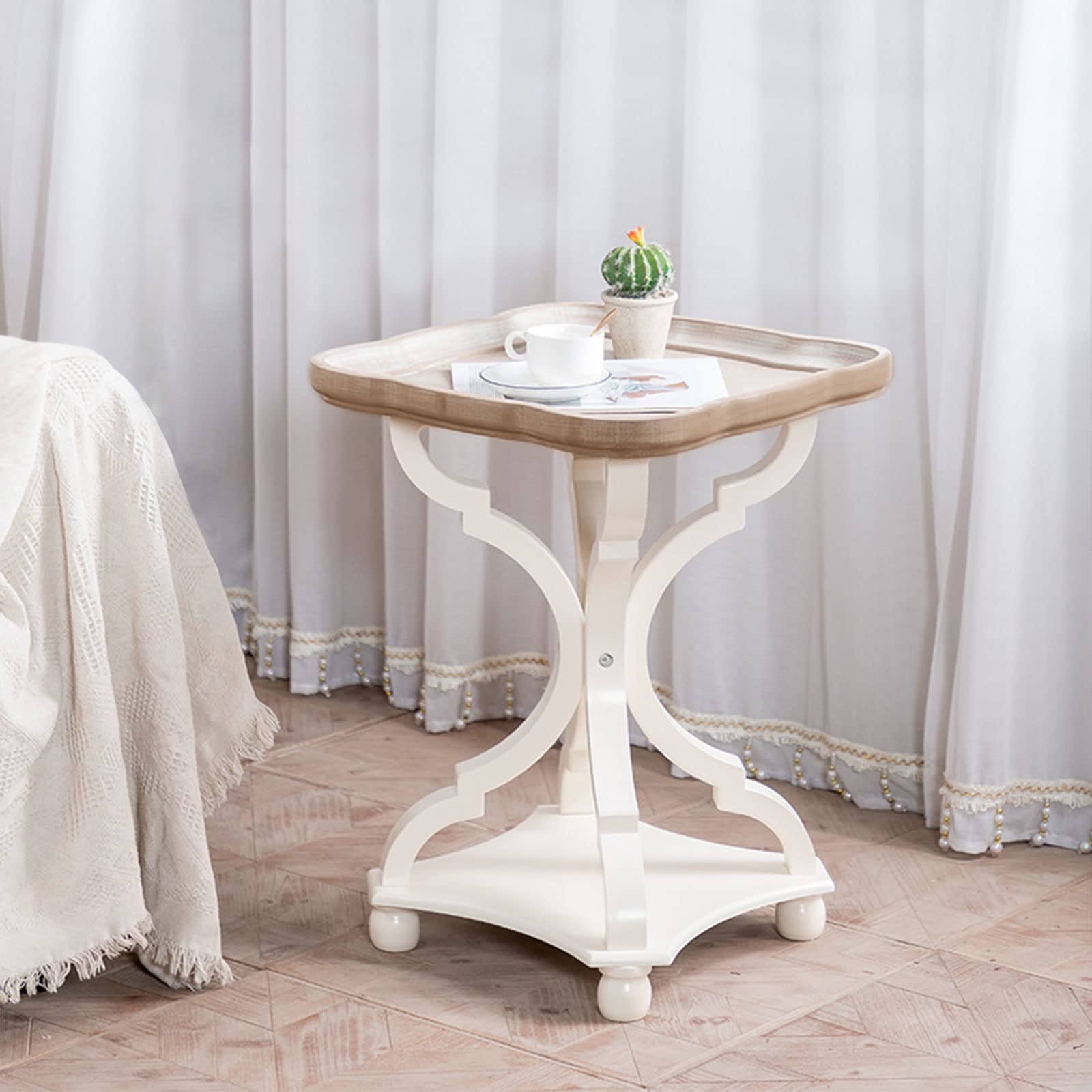 Rustic Farmhouse End Table - French Country Pedestal Accent Table with Natural Square Tray Top & White Wood Legs - Sofa Coffee Side Table Nightstand for Bedroom, Living Room, Dining Room - Perfect for Farmhouse Decor, Coffee Table Display & Bedside Storage (25