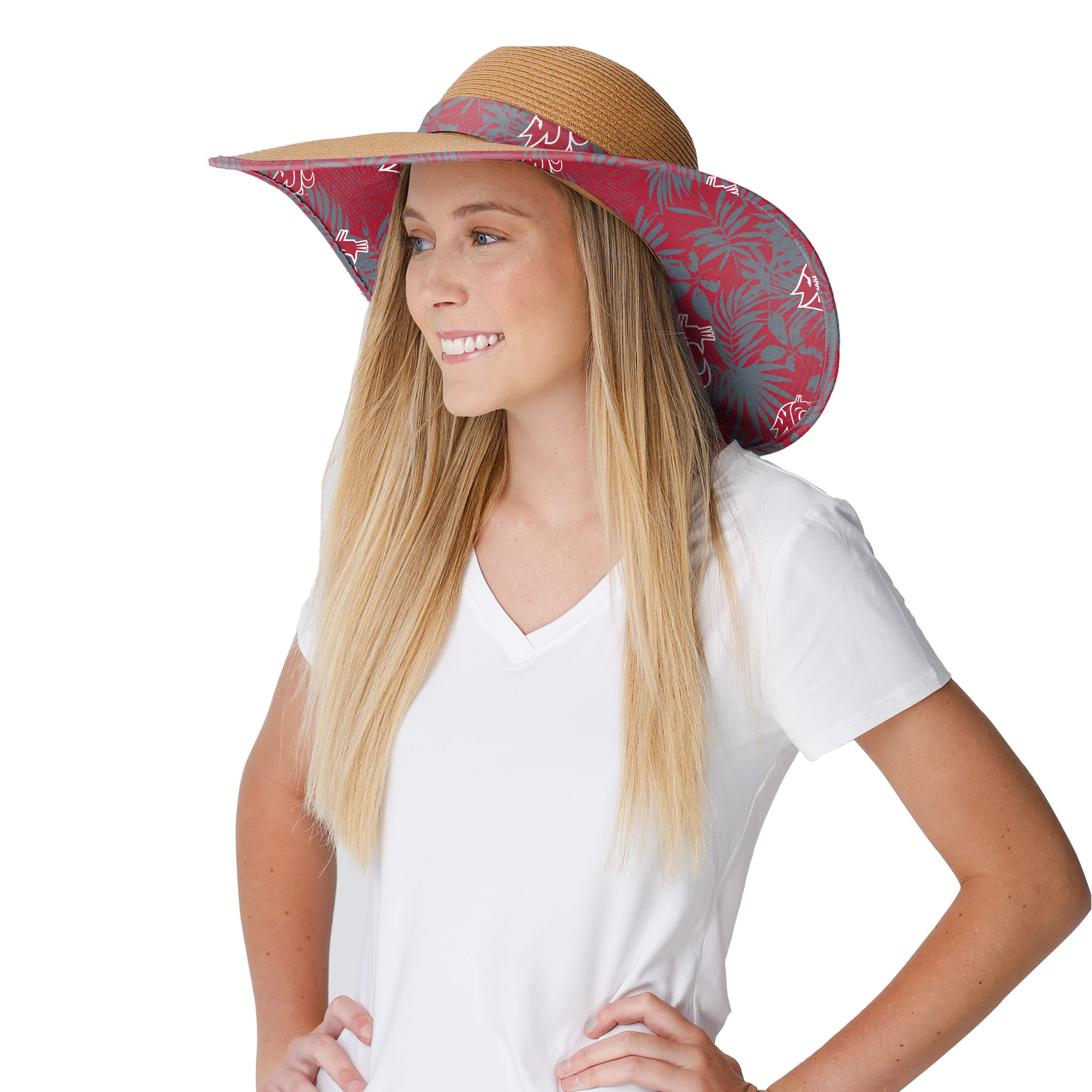 FOCO Women's NCAA Team Logo Floral Straw Sun Hat - Adjustable Wide Brim Beach Hat for Summer Outdoor Activities, Gardening, and Vacation