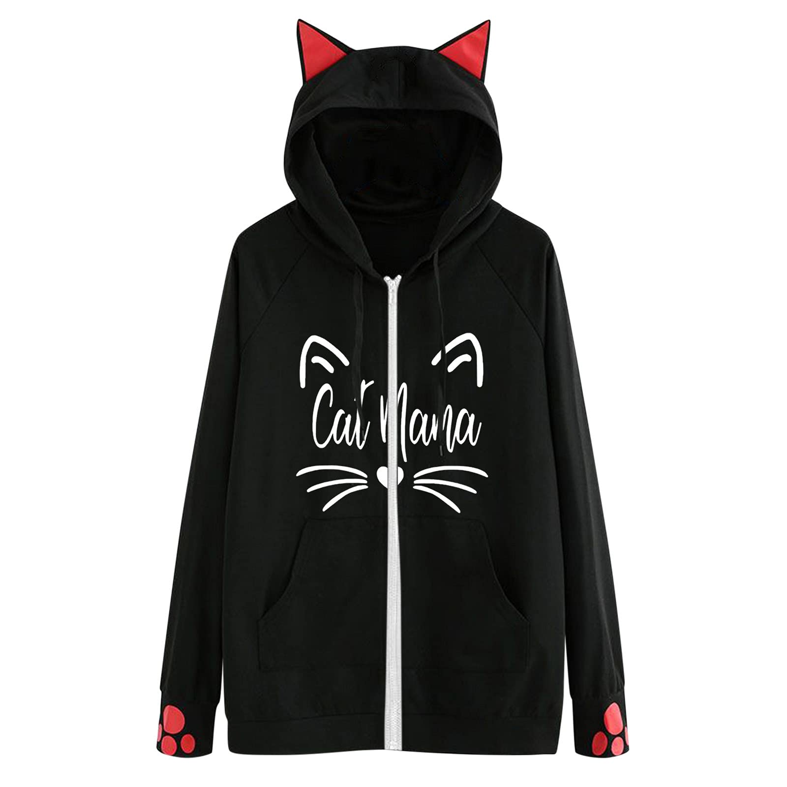 Women's Christmas Cat Print Hooded Cardigan Sweater - Casual Warm Fleece Pullover for Holiday Parties & Cozy Winter Outfits