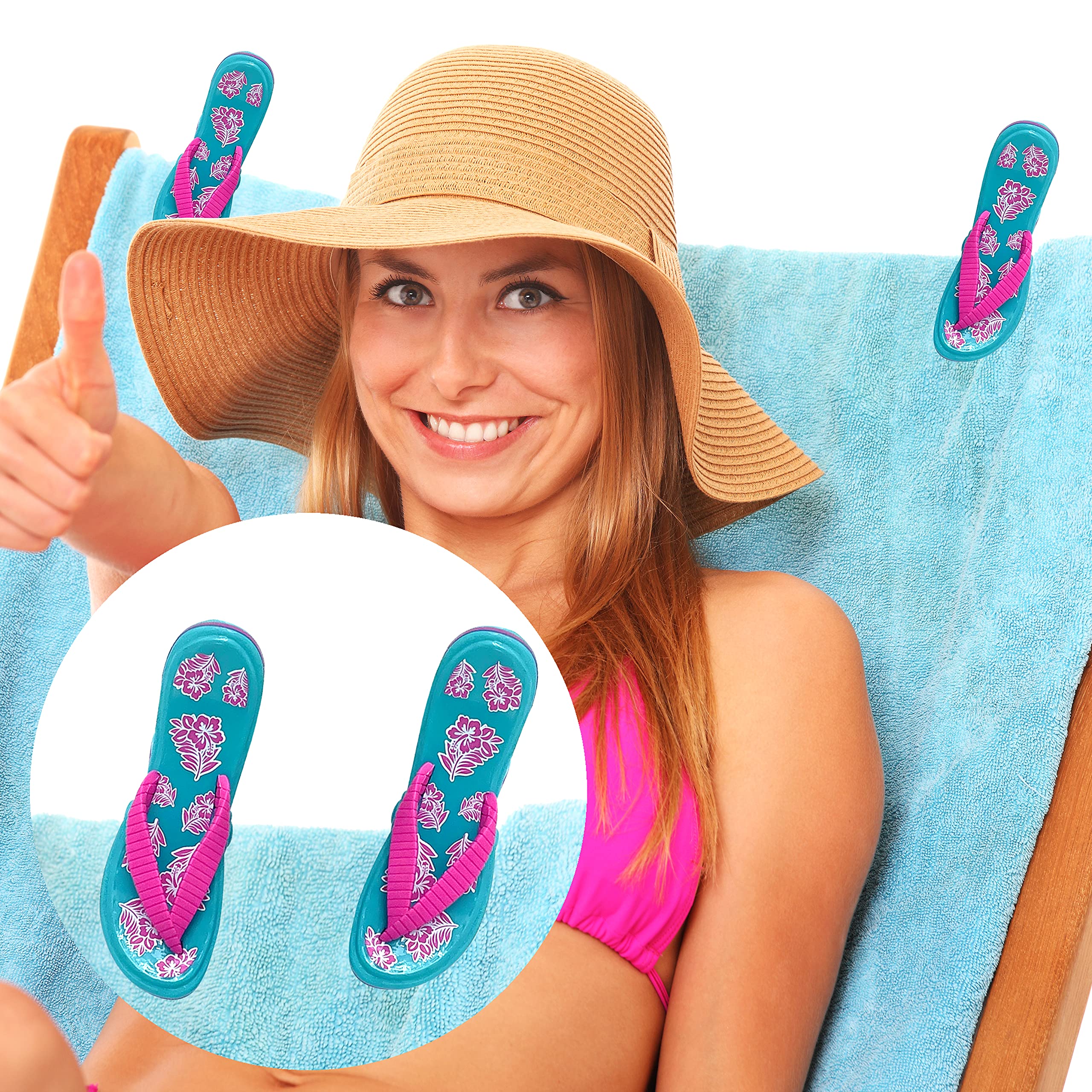 PERFORMORE Flip Flop Beach Towel Clips (Pink Strap) - 2 Pack Portable Towel Holder for Beach, Pool, Boat & Cruise - Secure Towel Clips for Lounge Chairs, Deck & Patio Accessories - Perfect for Sunbathing, Swimming & Outdoor Relaxation