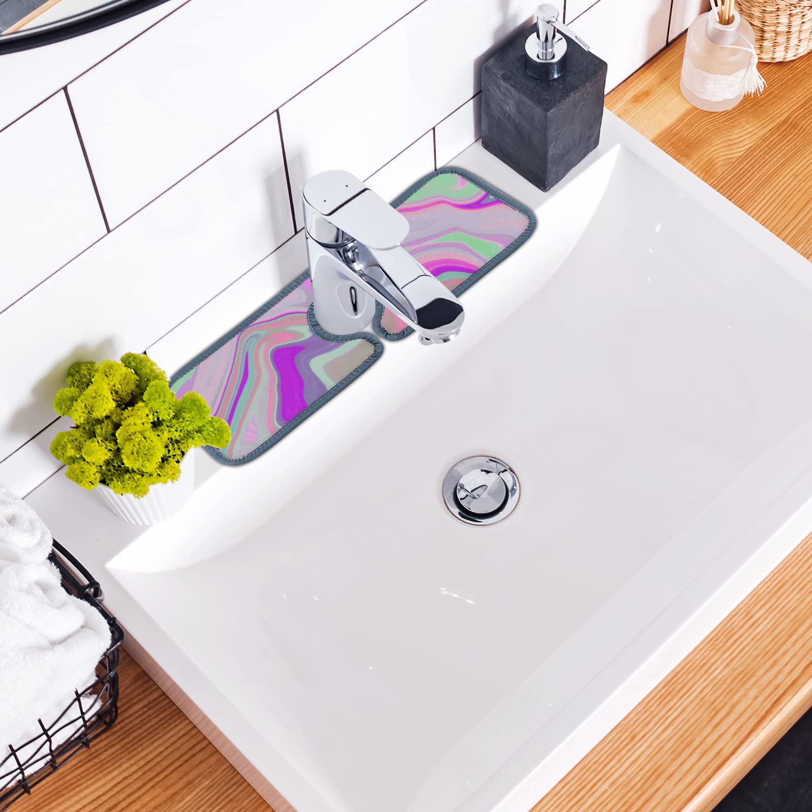 2-Pack Marble & Abstract Design Absorbent Faucet Mats - Washable Kitchen & Bathroom Splash Catcher, Counter Drying Pads for Sink Area - Perfect for Protecting Countertops from Water Spills While Cooking or Washing Dishes