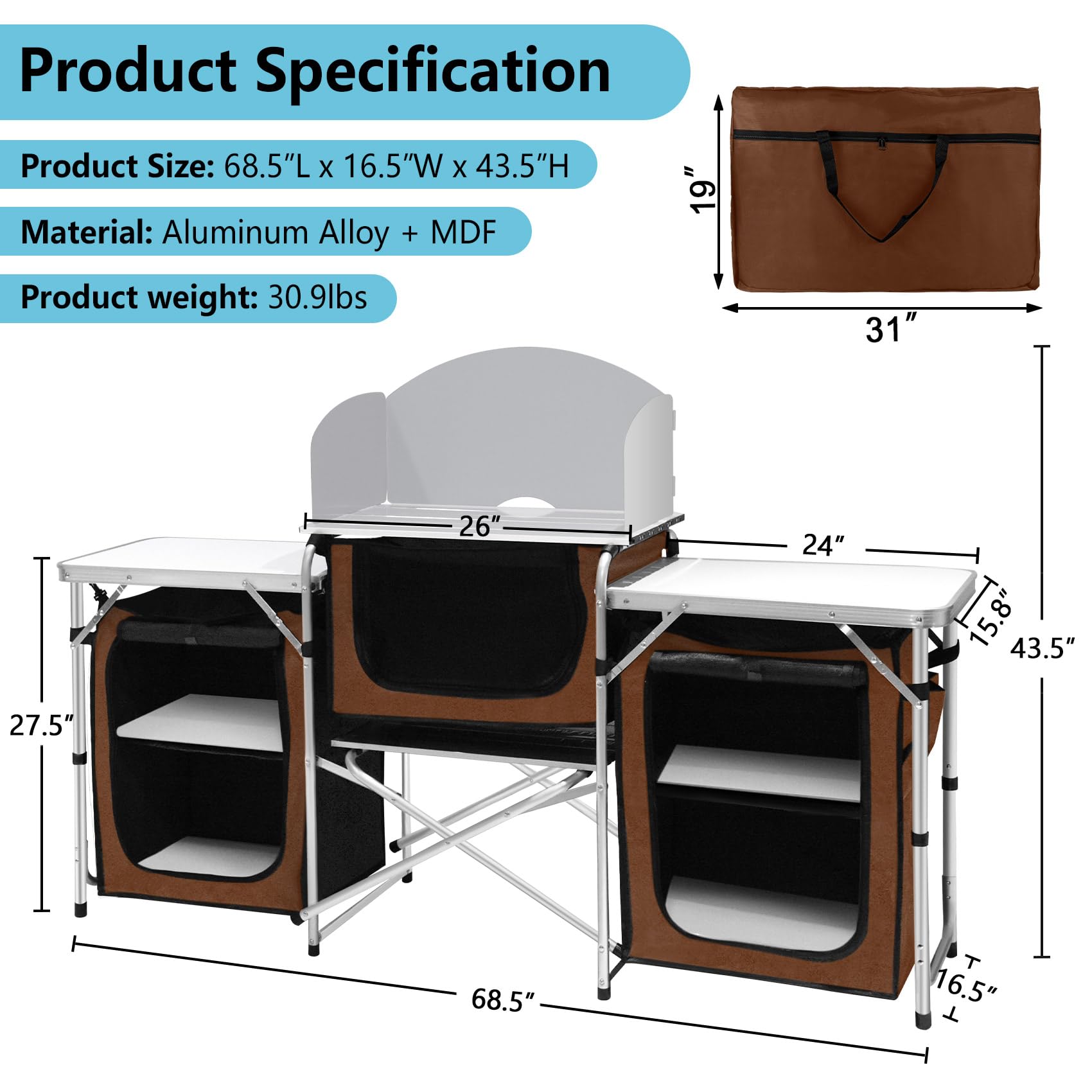 Portable Aluminum Camping Kitchen Table with Windscreen & 3 Storage Cupboards - Foldable Outdoor Cooking Table for BBQ, Picnics, Parties - Perfect for Camping, Backpacking & Tailgating Adventures