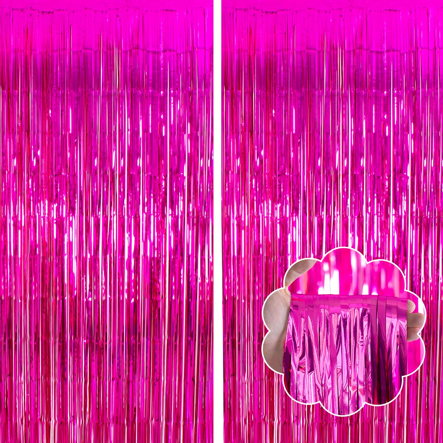 Hot Pink Tinsel Curtains Backdrop - 2 Pack 3.3x8.2FT Fringe Party Decorations for Birthday, Photo Booth, Baby Shower & Bridal Shower - Glamorous Pink Streamers for Women's & Girls' Party Decor